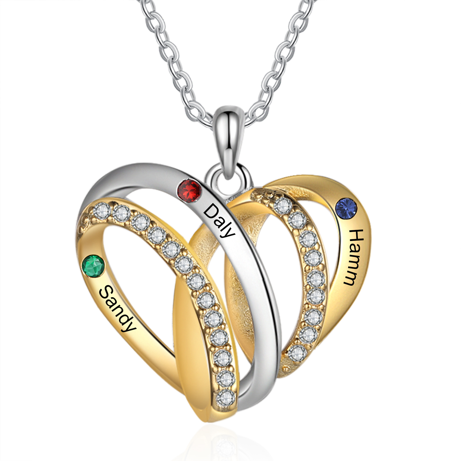 Personalized Heart Necklace with 3 Birthstones 3 Names Custom Women's Necklace Gift for Her