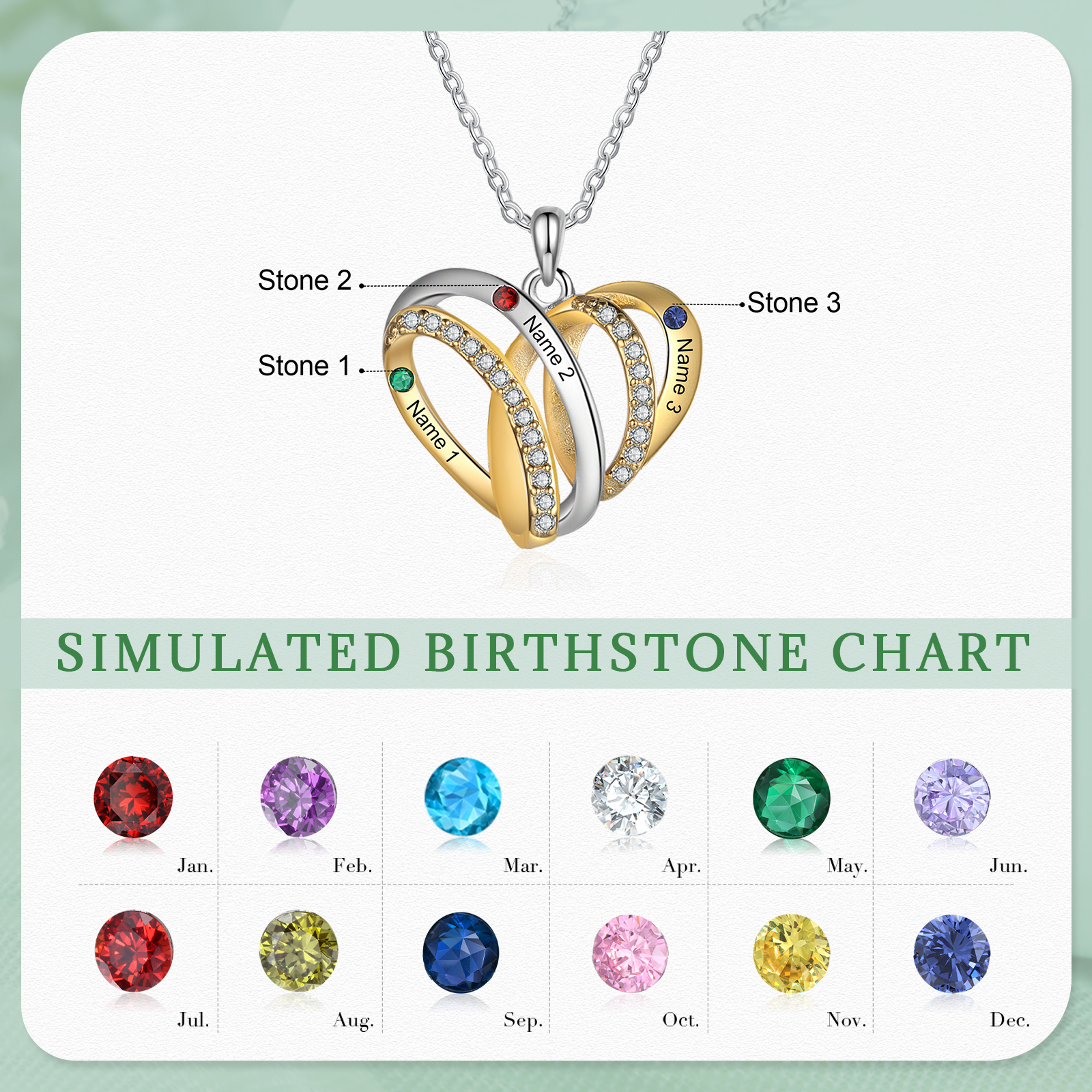 Personalized Heart Necklace with 3 Birthstones 3 Names Custom Women's Necklace Gift for Her