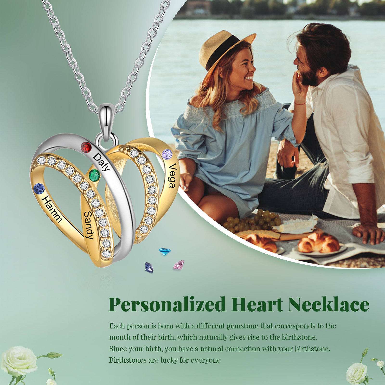 Personalized Heart Necklace with 4 Birthstones 4 Names Custom Women's Necklace Gift for Her