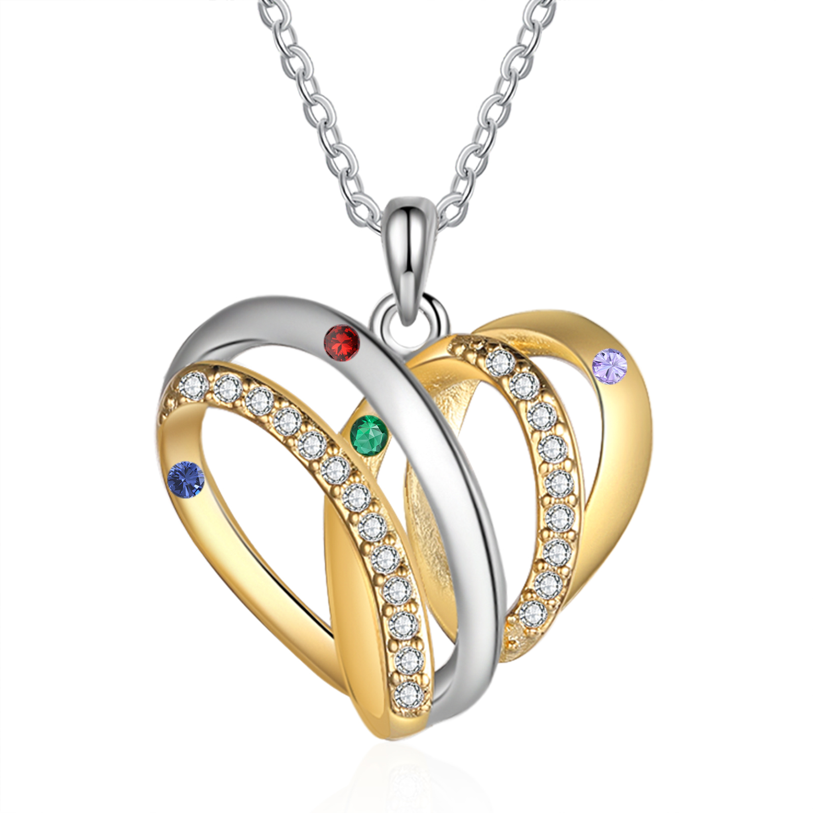 Personalized Heart Necklace with 4 Birthstones 4 Names Custom Women's Necklace Gift for Her