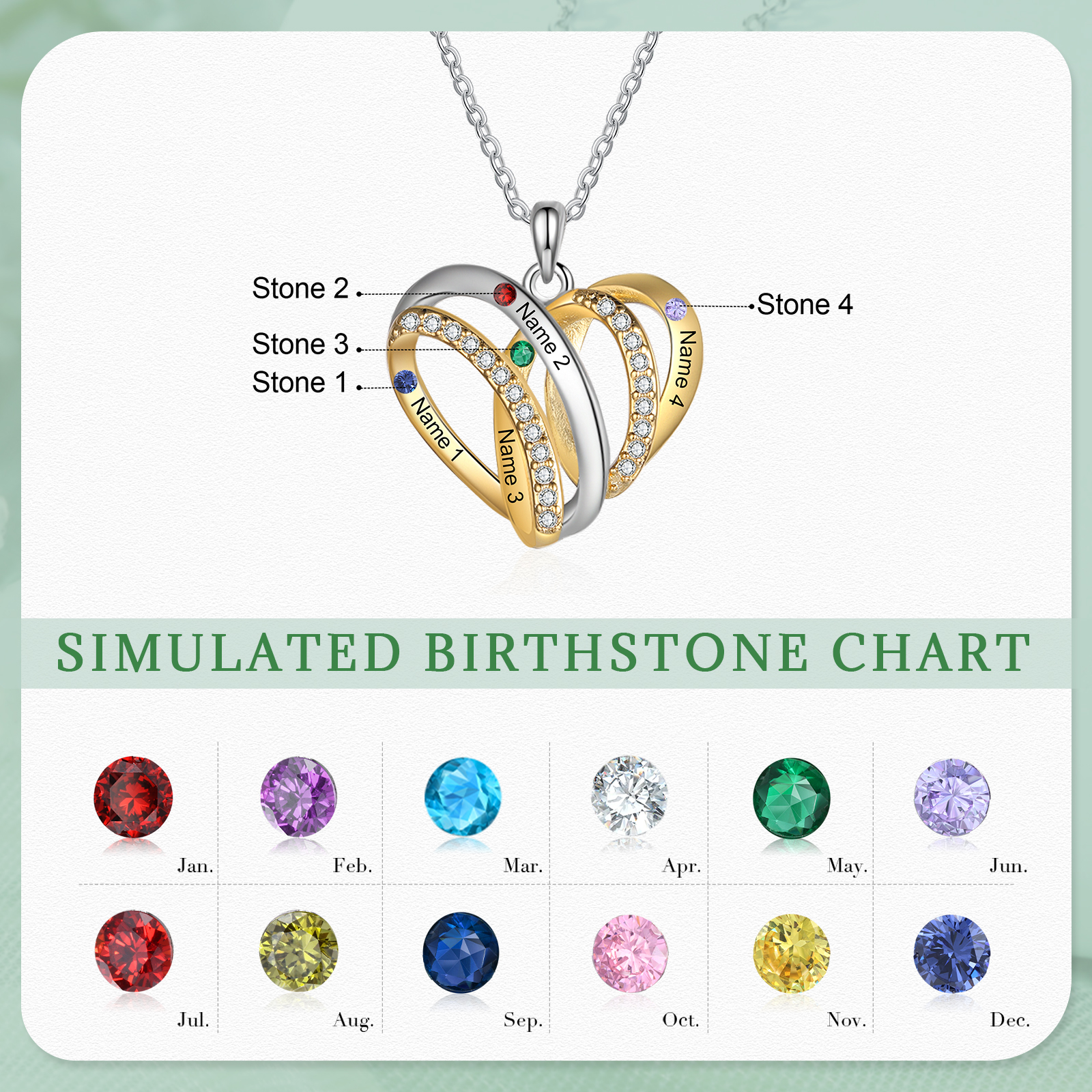 Personalized Heart Necklace with 4 Birthstones 4 Names Custom Women's Necklace Gift for Her
