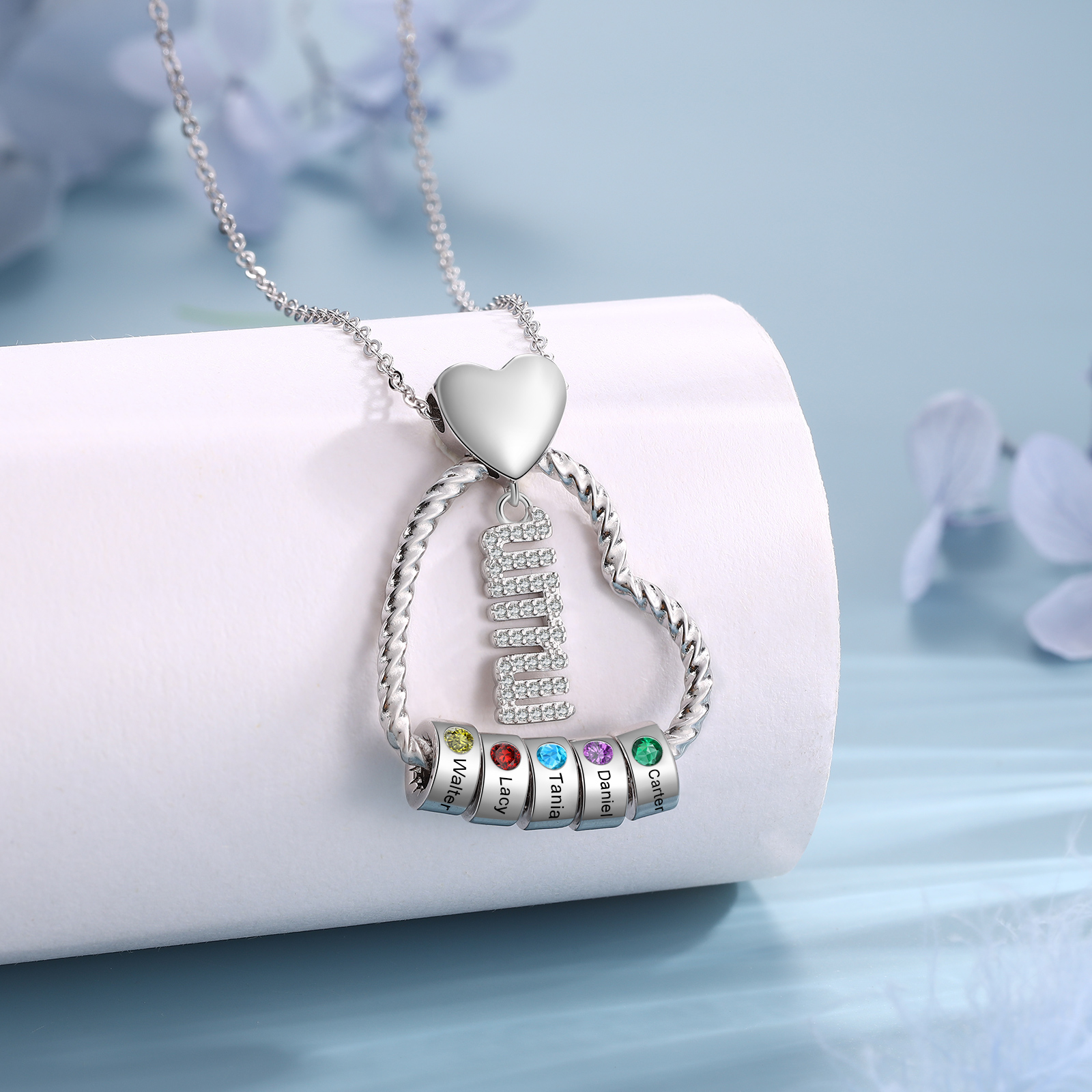 Personalised Heart Pendant Necklace Custom 1-5 Birthstones & 1-5 Names Gifts for Mum