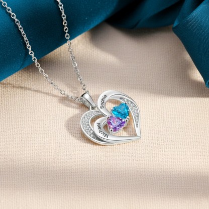 Custom 1-5 Names Personalized Heart Birthstone Necklace for Her