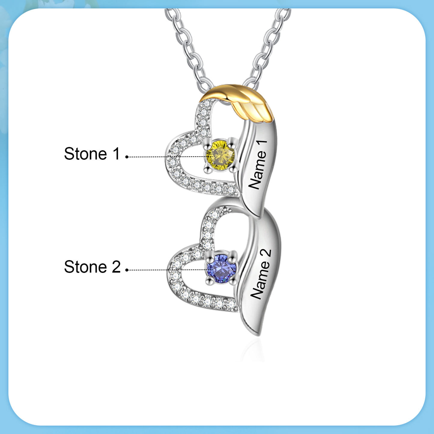 Personalized Heart Pendant Necklace Custom 2 Birthstones & 2 Names Birthday Women Necklace Gift for Her