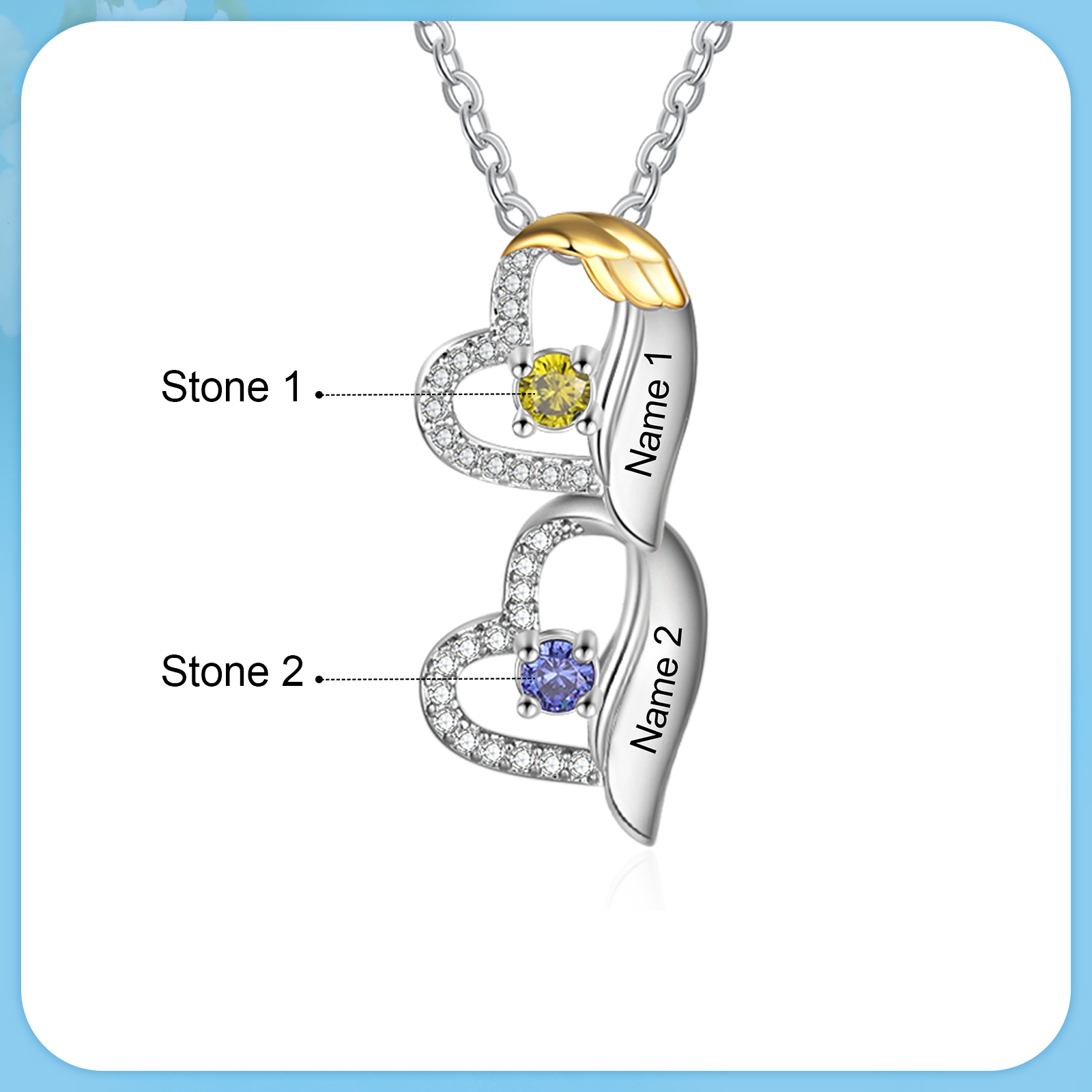 Personalized Heart Pendant Necklace Custom 2 Birthstones & 2 Names Birthday Women Necklace Gift for Her