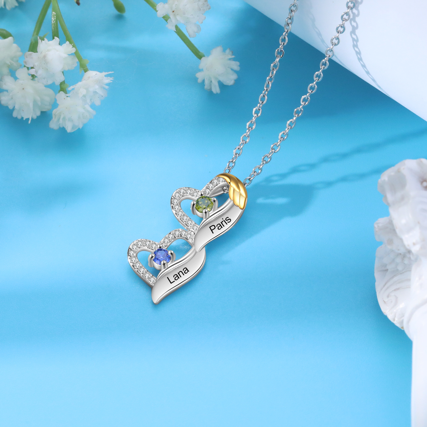 Personalized Heart Pendant Necklace Custom 2 Birthstones & 2 Names Birthday Women Necklace Gift for Her