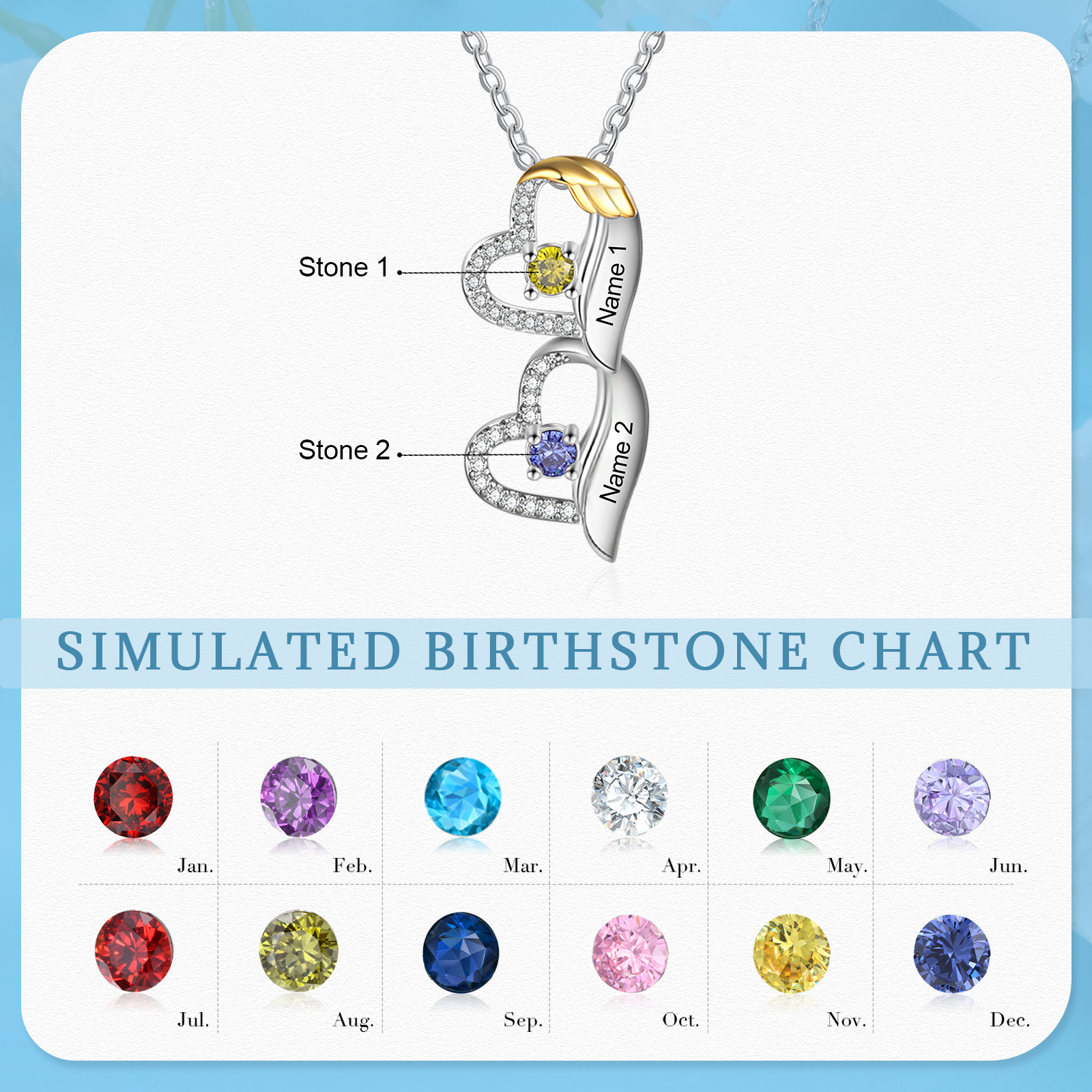 Personalized Heart Pendant Necklace Custom 2 Birthstones & 2 Names Birthday Women Necklace Gift for Her