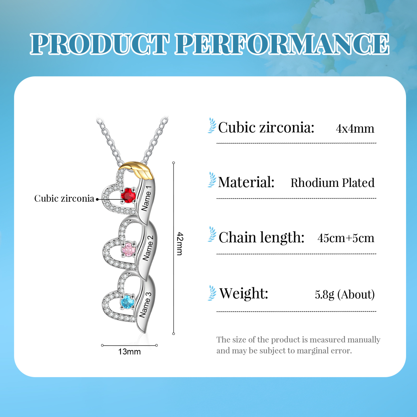 Personalized Heart Pendant Necklace Custom 3 Birthstones & 3 Names Birthday Women Necklace Gift for Her