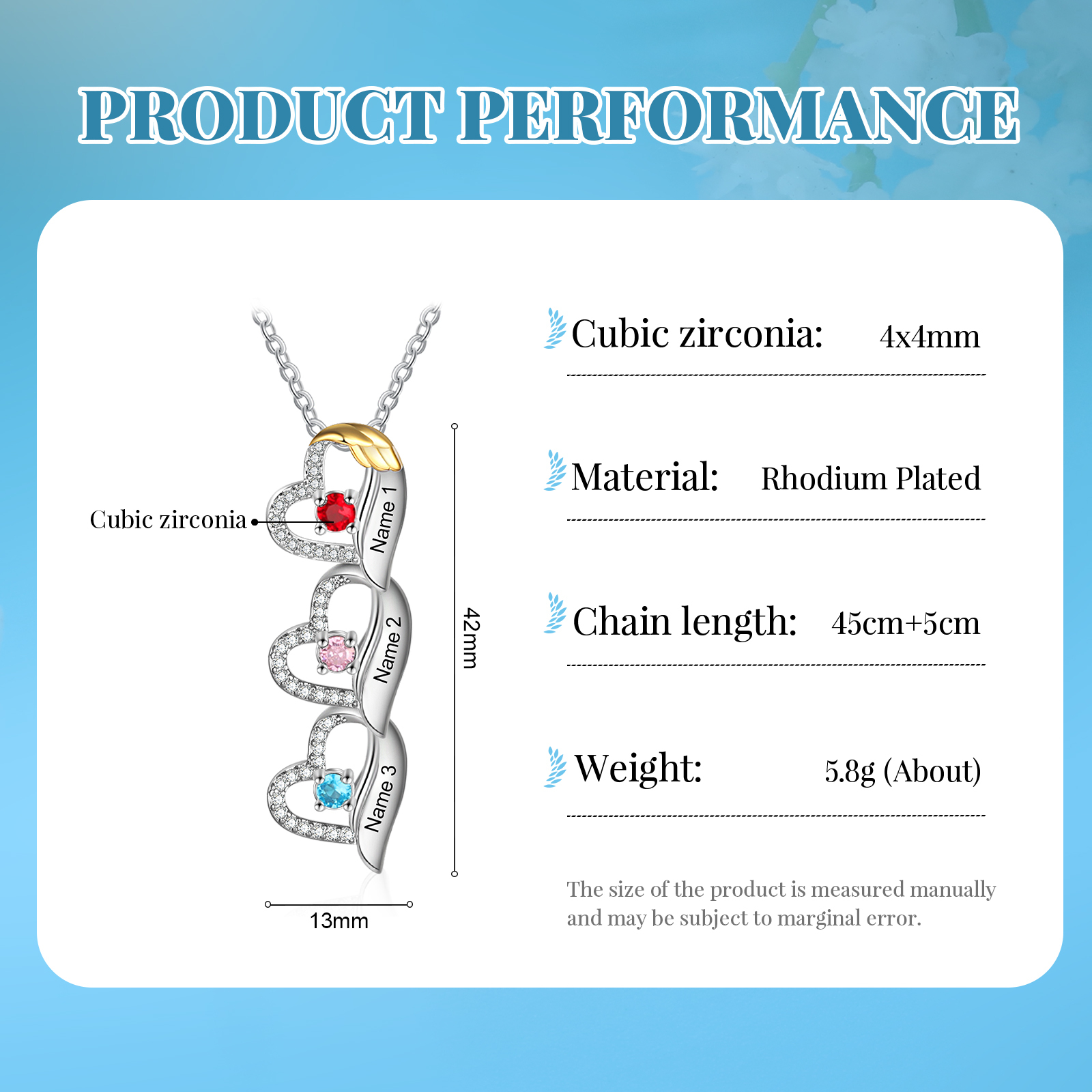 Personalized Heart Pendant Necklace Custom 3 Birthstones & 3 Names Birthday Women Necklace Gift for Her