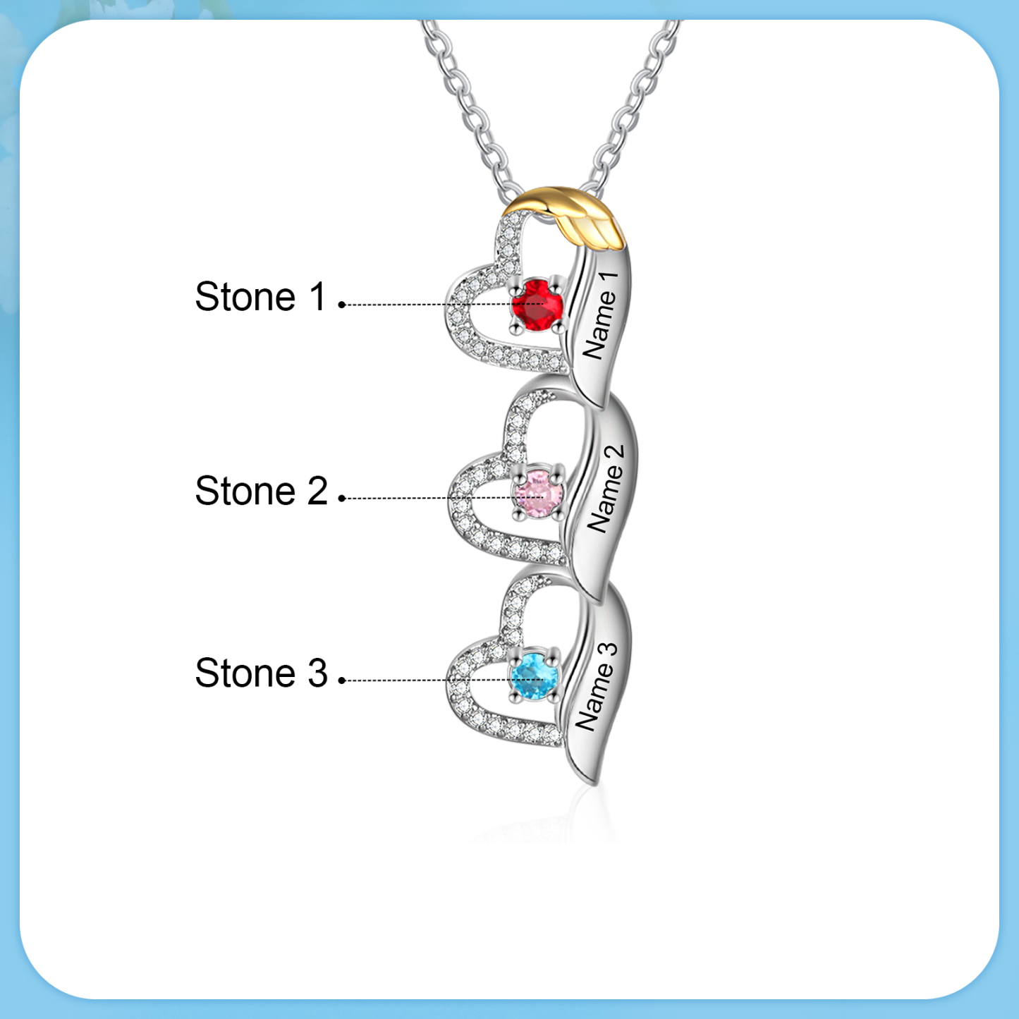 Personalized Heart Pendant Necklace Custom 3 Birthstones & 3 Names Birthday Women Necklace Gift for Her