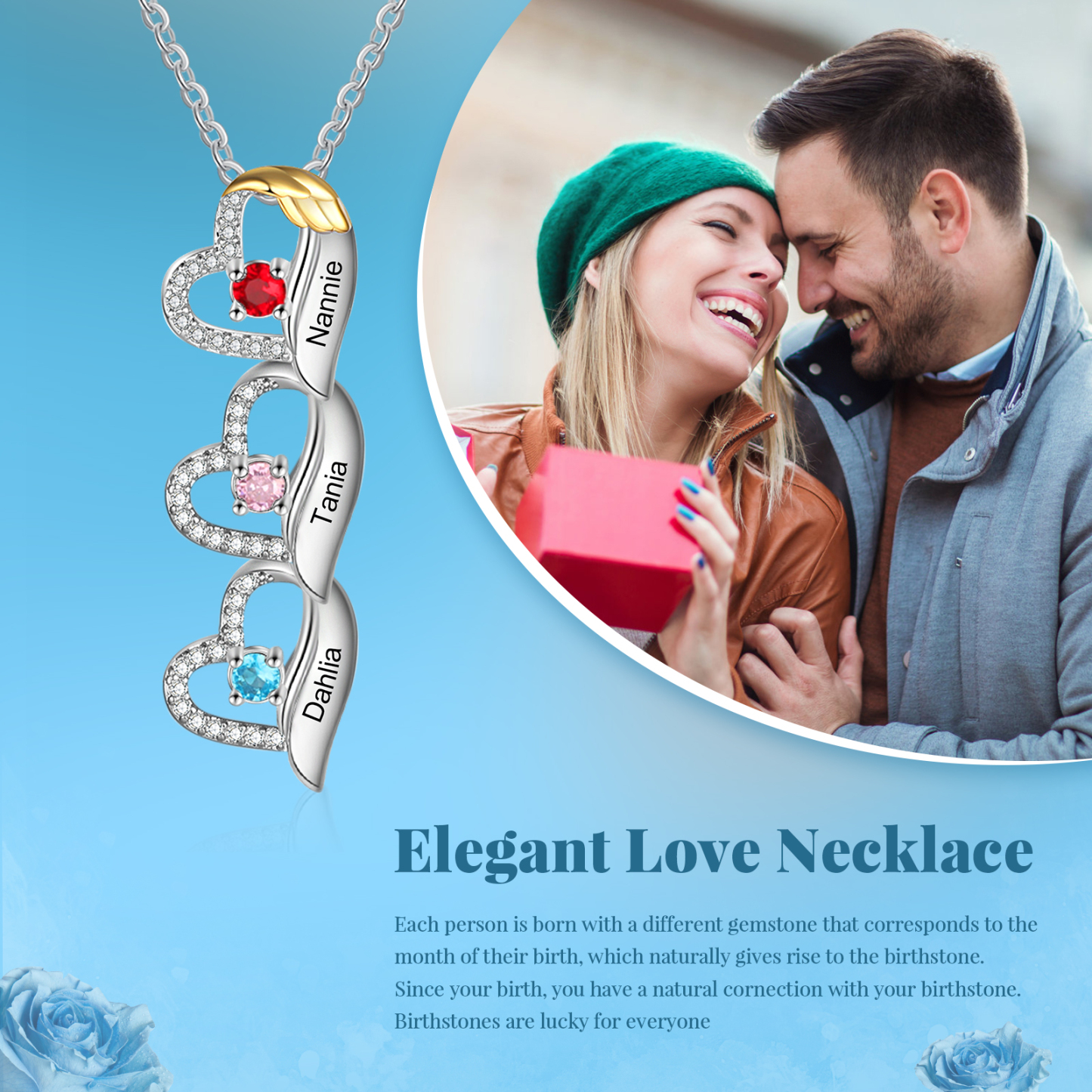 Personalized Heart Pendant Necklace Custom 3 Birthstones & 3 Names Birthday Women Necklace Gift for Her
