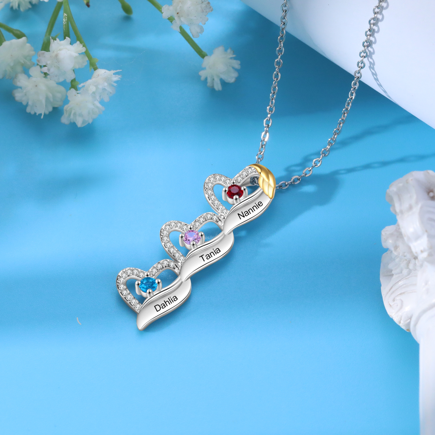 Personalized Heart Pendant Necklace Custom 3 Birthstones & 3 Names Birthday Women Necklace Gift for Her