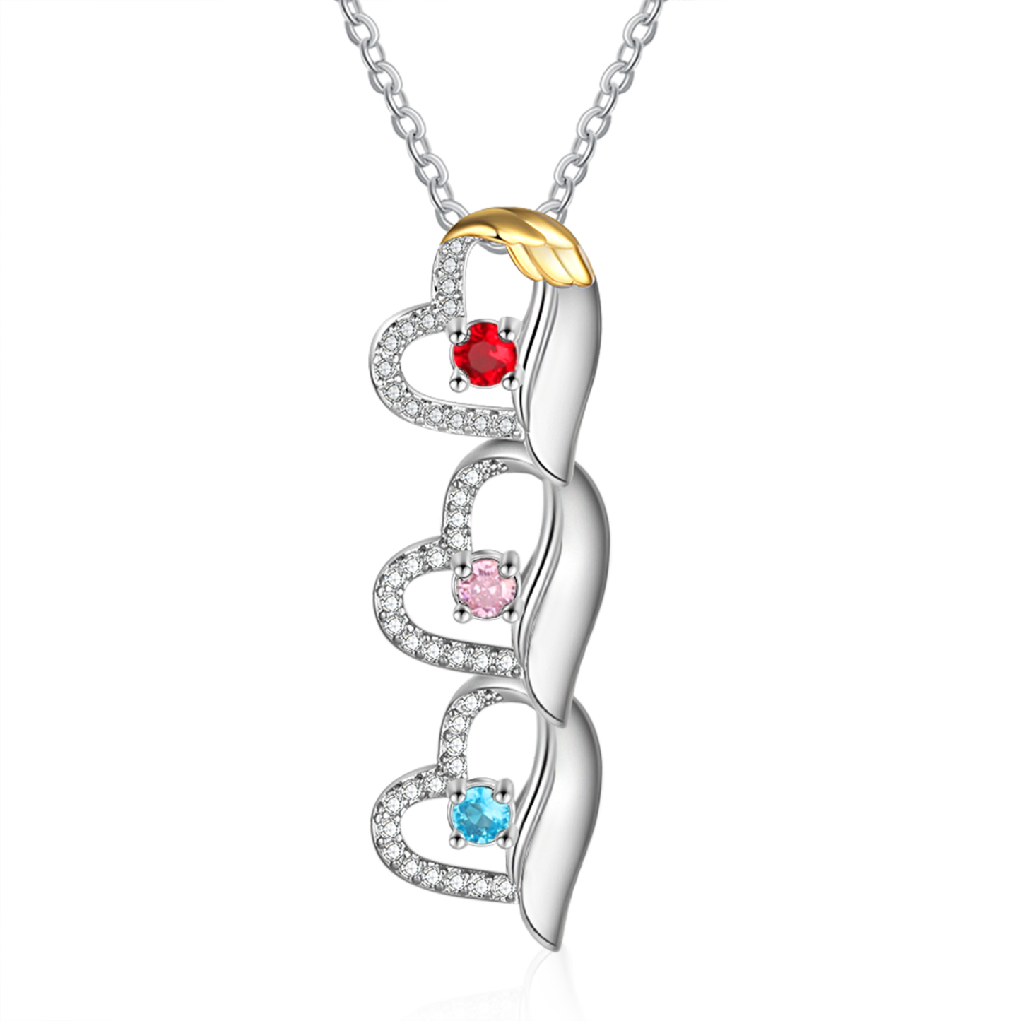 Personalized Heart Pendant Necklace Custom 3 Birthstones & 3 Names Birthday Women Necklace Gift for Her