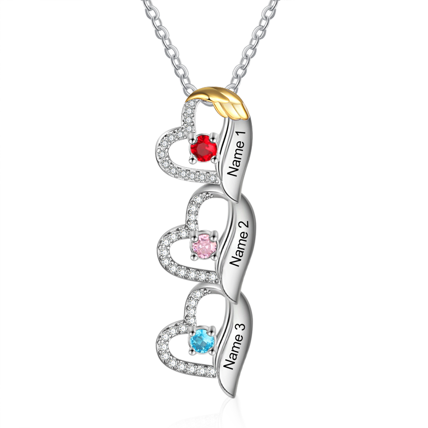 Personalized Heart Pendant Necklace Custom 3 Birthstones & 3 Names Birthday Women Necklace Gift for Her