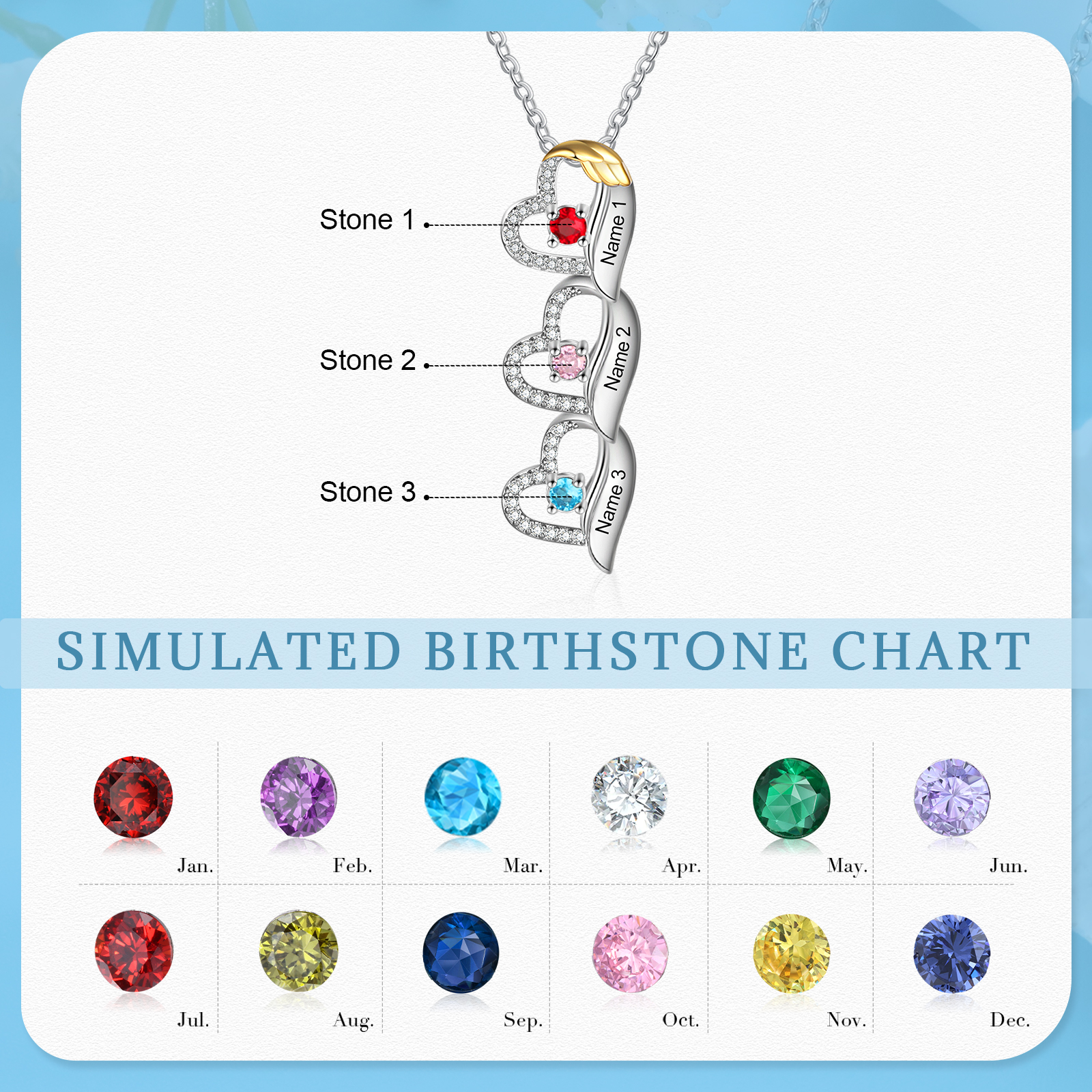 Personalized Heart Pendant Necklace Custom 3 Birthstones & 3 Names Birthday Women Necklace Gift for Her