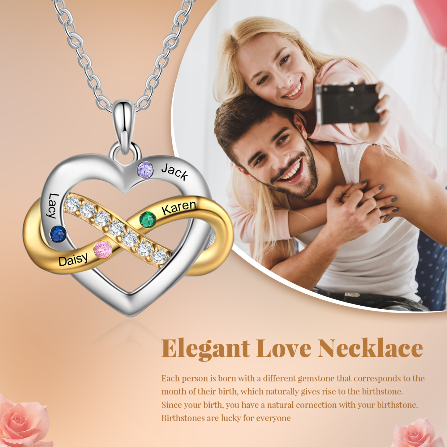 Personalised Heart & Infinity Necklace Custom 2-6 Birthstones & 2-6 Names Gifts for Her