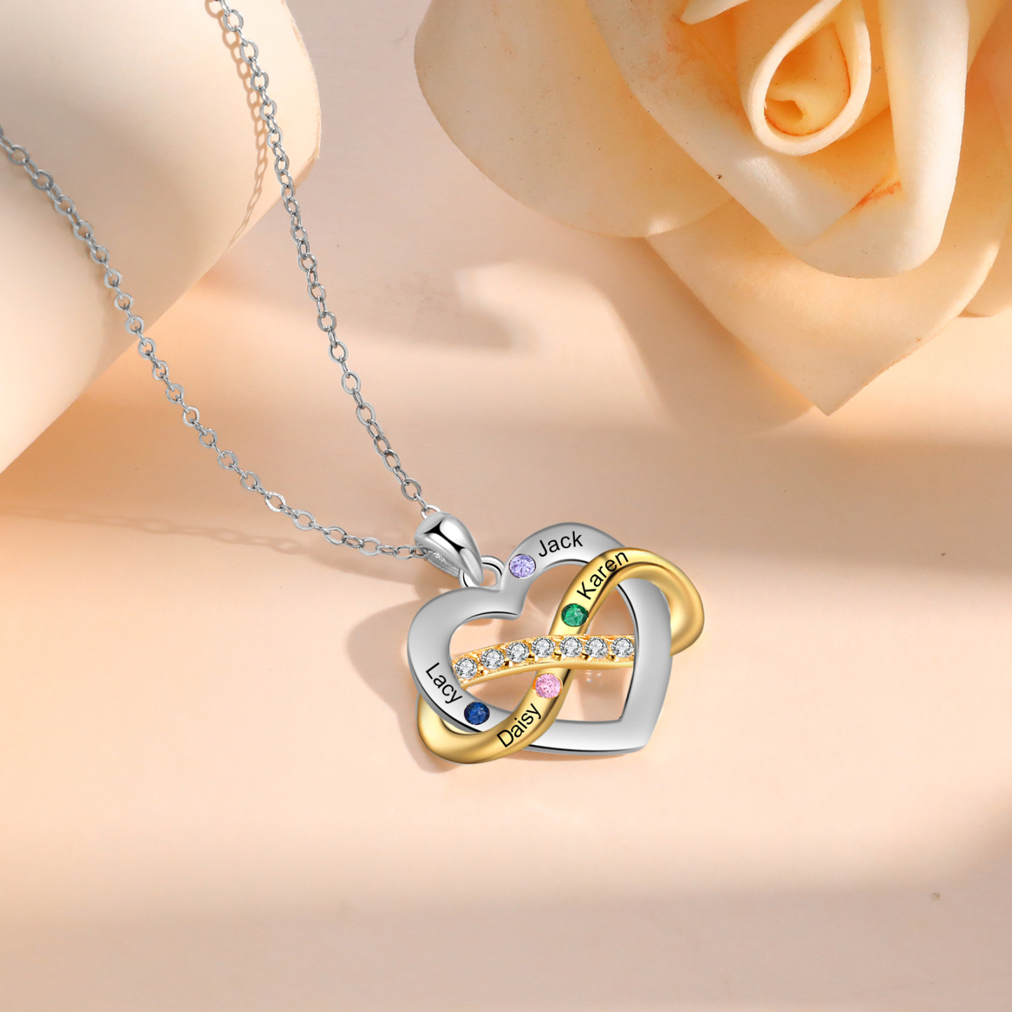 Personalised Heart & Infinity Necklace Custom 2-6 Birthstones & 2-6 Names Gifts for Her