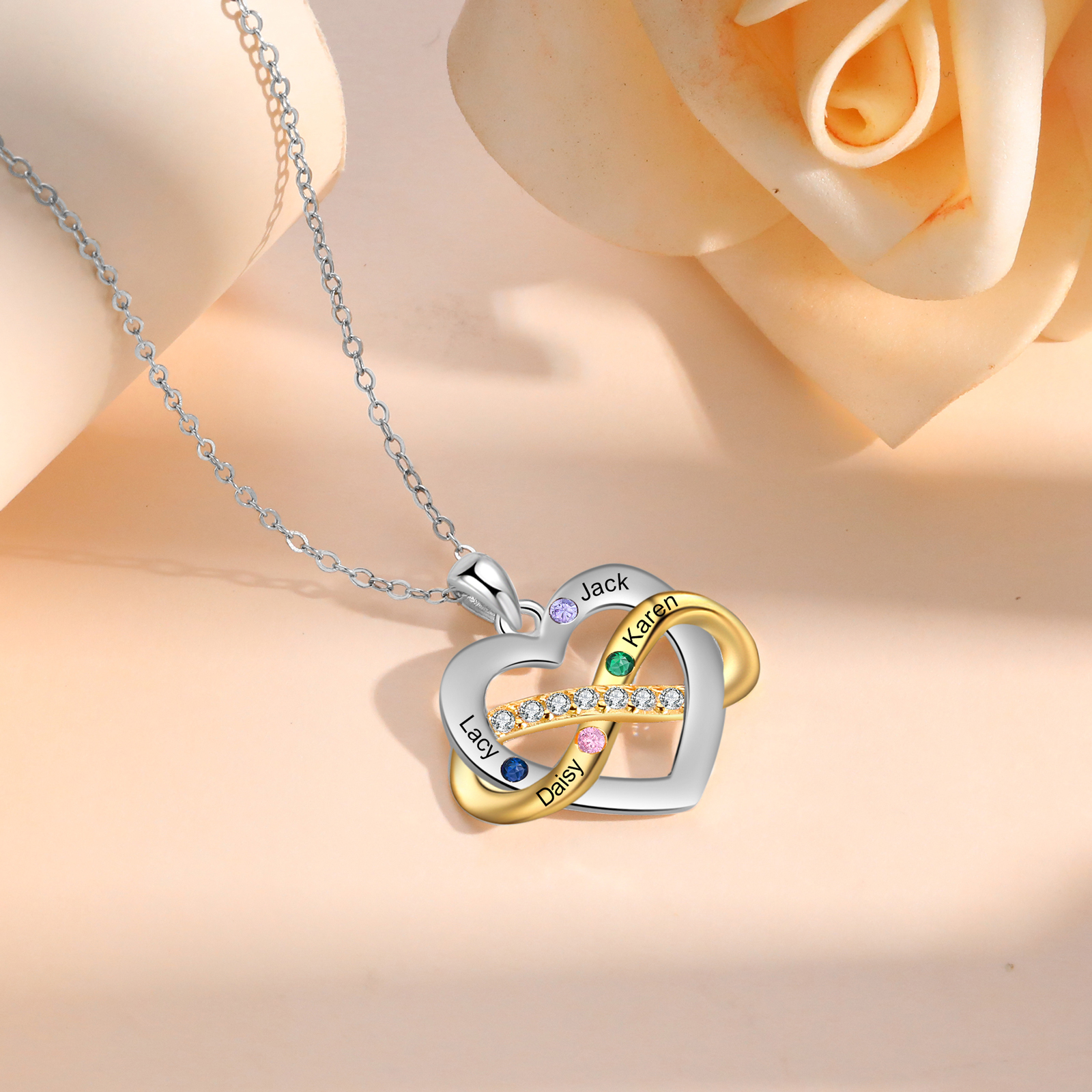 Personalised Heart & Infinity Necklace Custom 2-6 Birthstones & 2-6 Names Gifts for Her