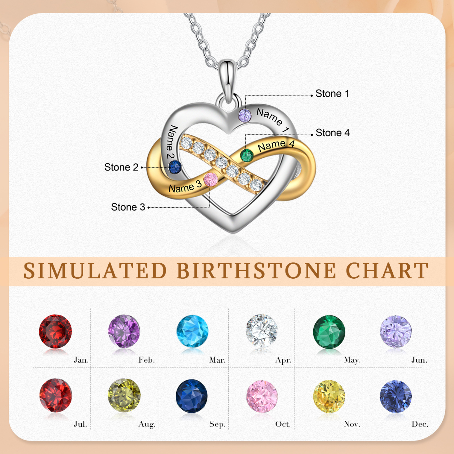 Personalised Heart & Infinity Necklace Custom 2-6 Birthstones & 2-6 Names Gifts for Her