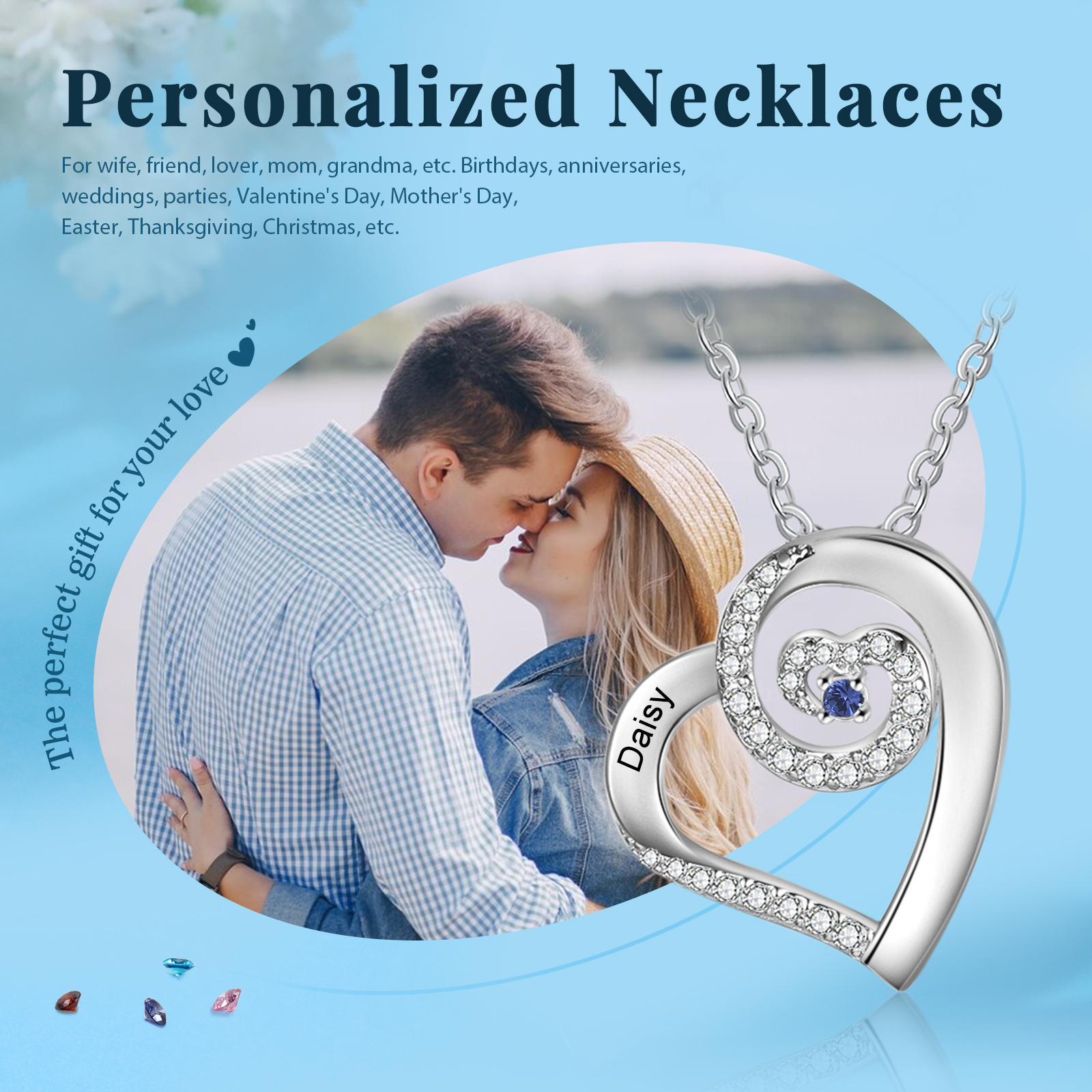 Personalised Heart Pendant Necklace Custom 1 Birthstone & 1 Name Gift for Women Girls