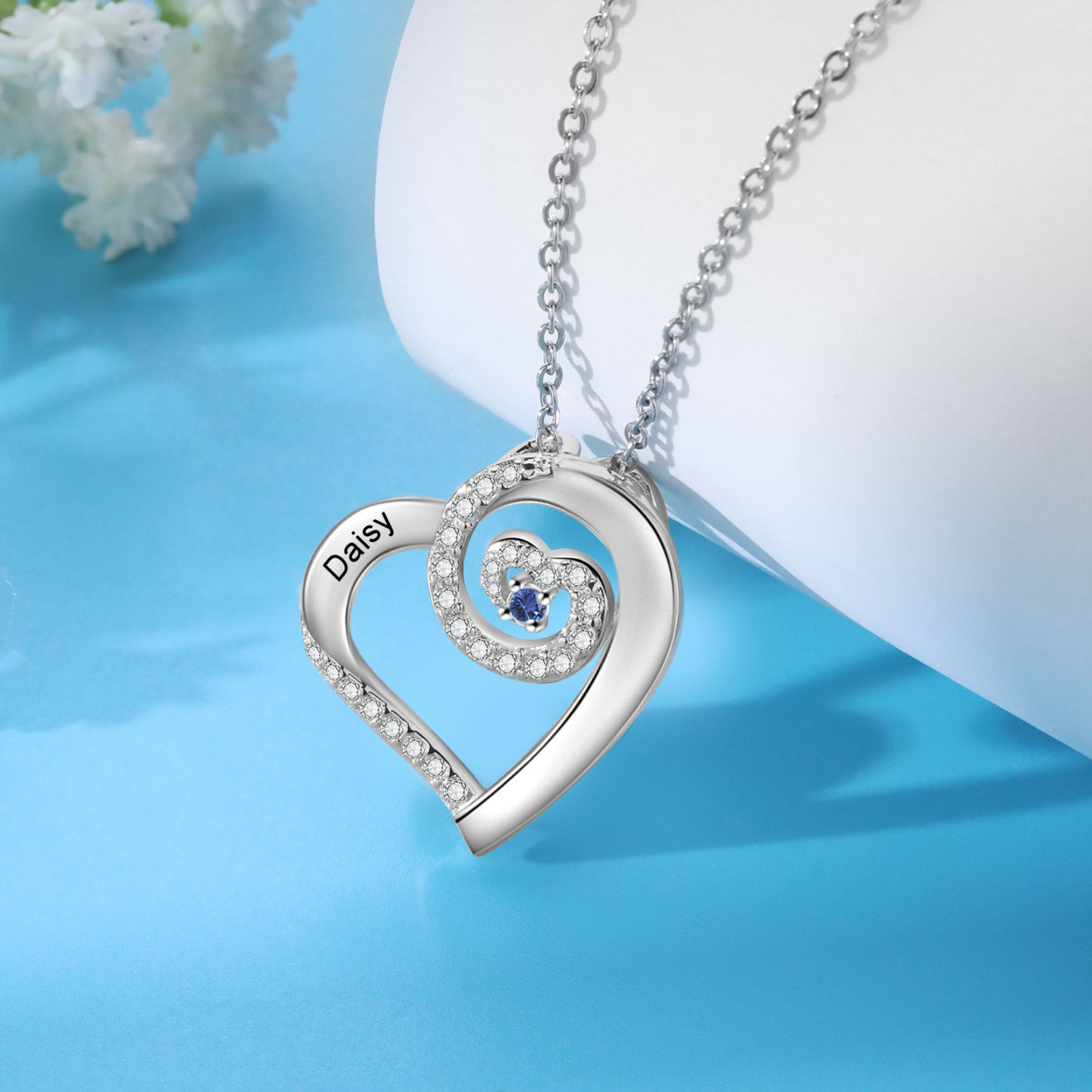 Personalised Heart Pendant Necklace Custom 1 Birthstone & 1 Name Gift for Women Girls