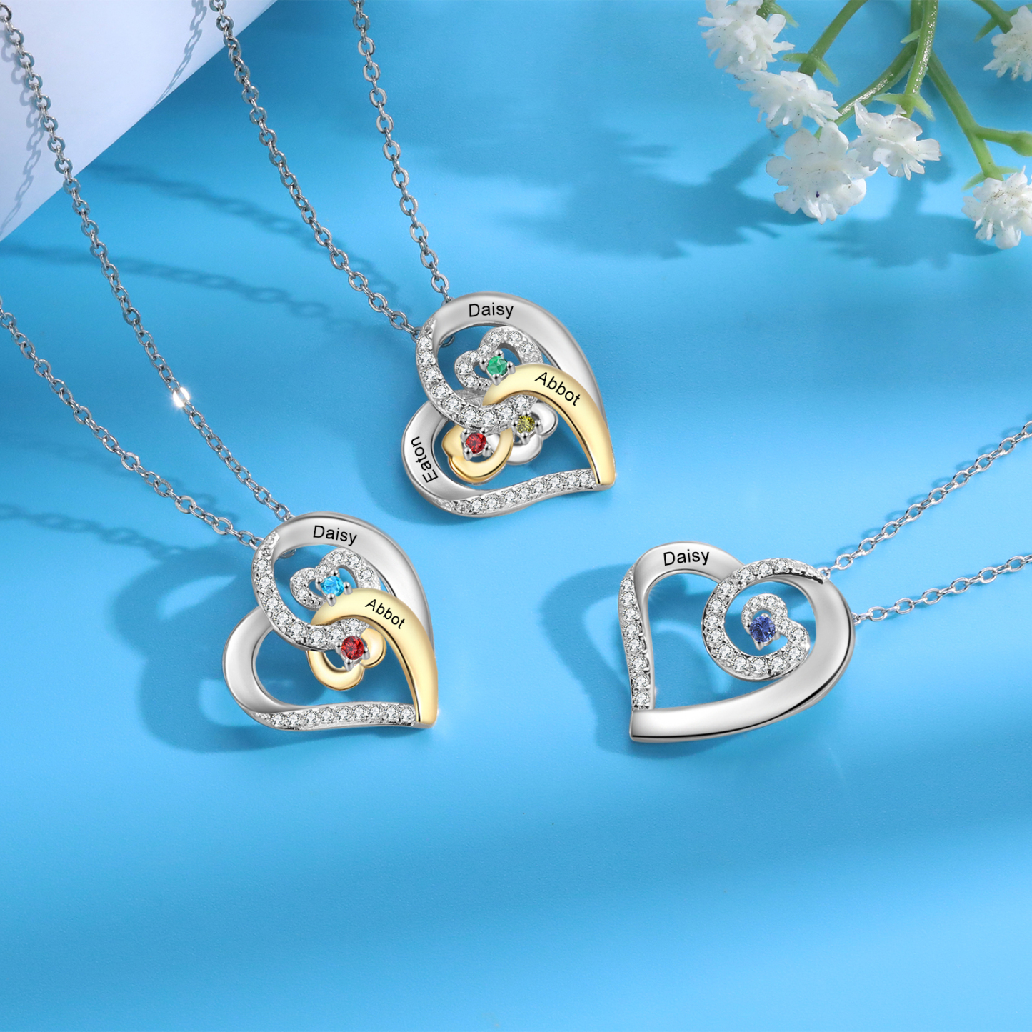 Personalised Heart Pendant Necklace Custom 1 Birthstone & 1 Name Gift for Women Girls