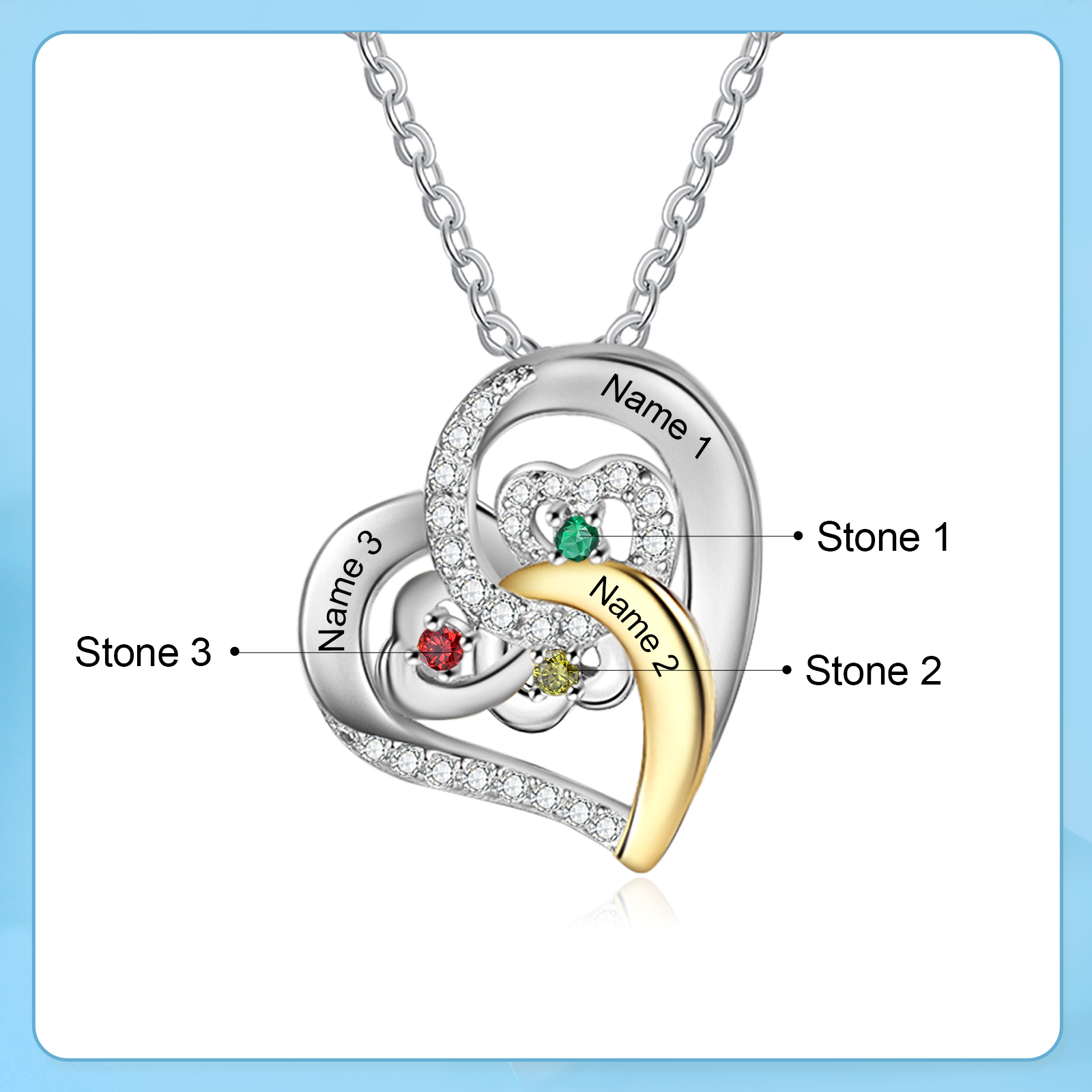 Personalised Heart Pendant Necklace Custom 3 Birthstones & 3 Names Gift for Women Girls
