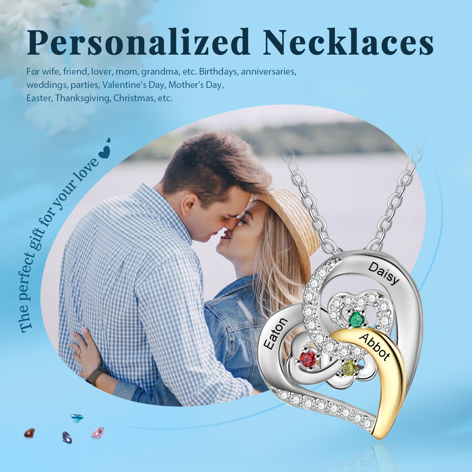 Personalised Heart Pendant Necklace Custom 3 Birthstones & 3 Names Gift for Women Girls