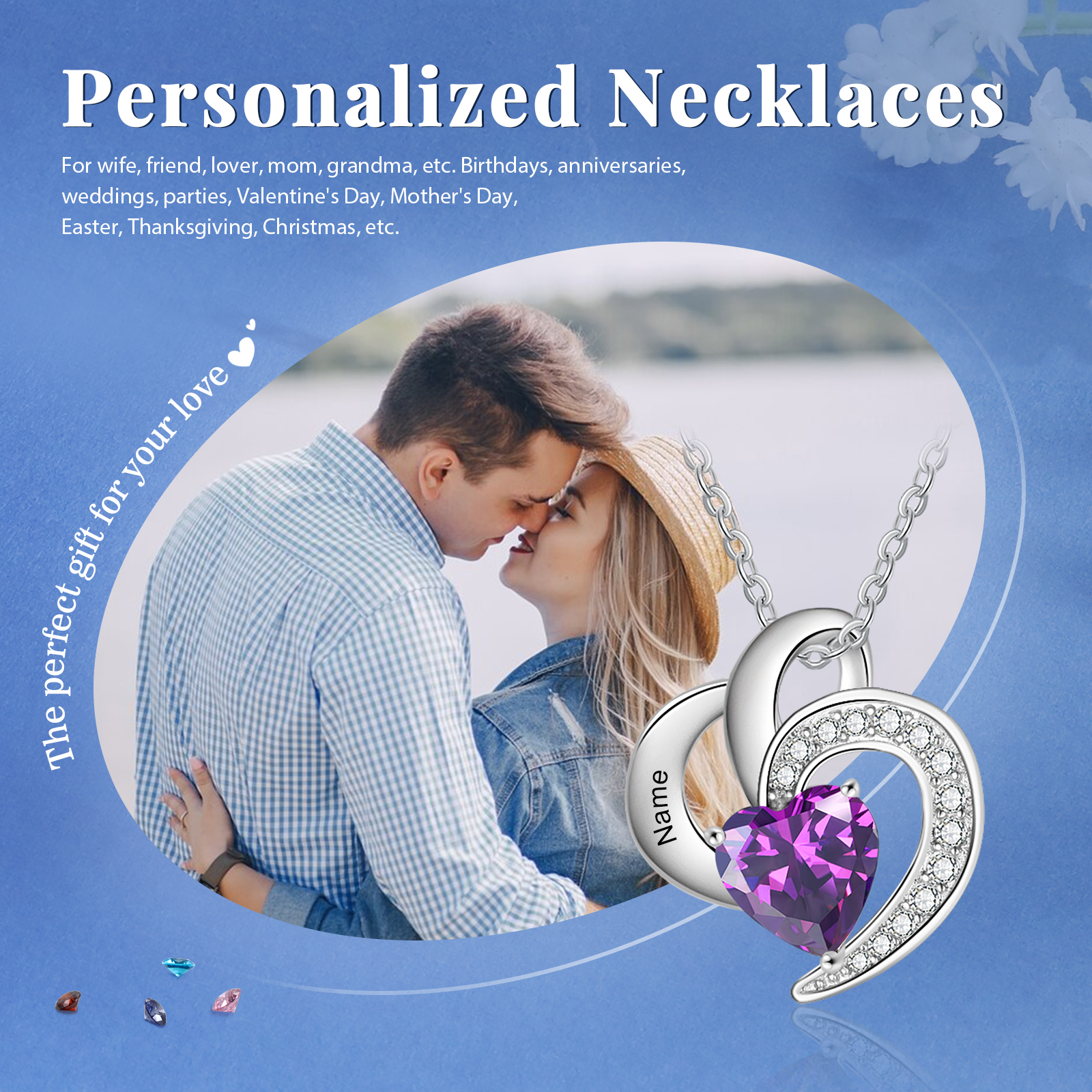 Personalized Heart Birthstone Necklace Custom 1 Name 1 Stone Mother Necklace Gift for Her