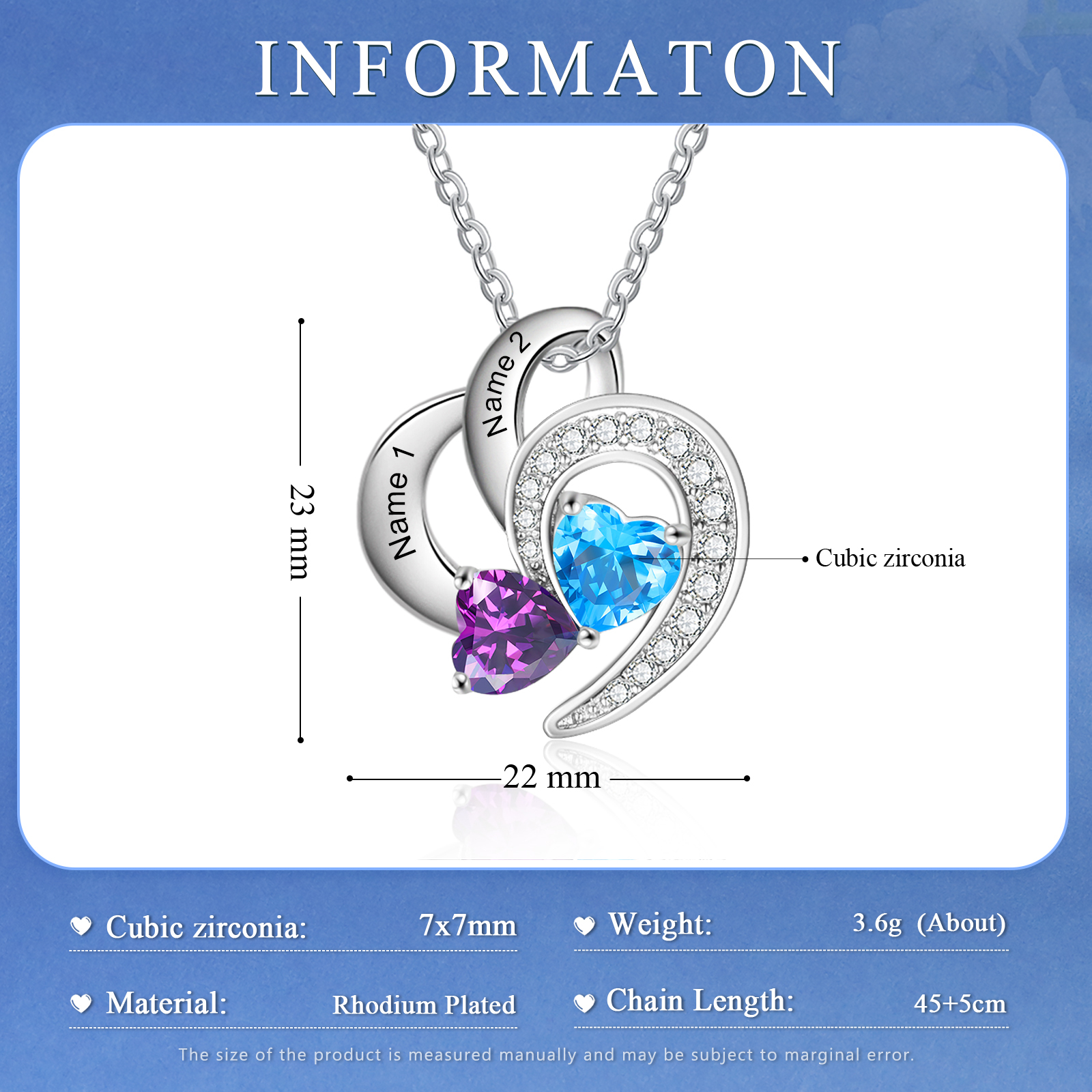 Personalized Heart Birthstone Necklace Custom 2 Names 2 Stones Mother Necklace Gift for Her