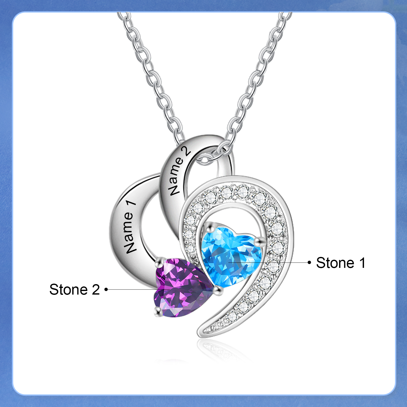 Personalized Heart Birthstone Necklace Custom 2 Names 2 Stones Mother Necklace Gift for Her