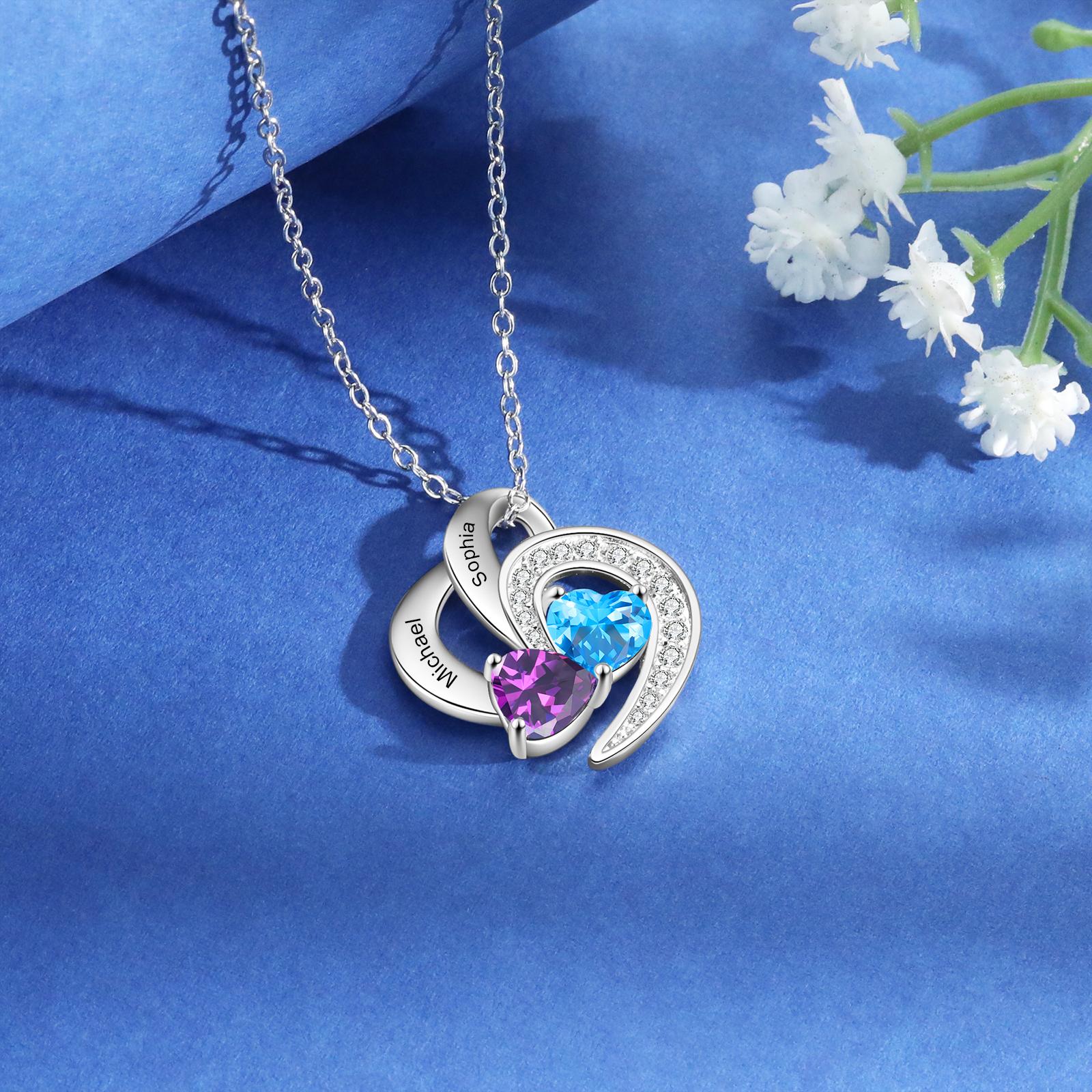 Personalized Heart Birthstone Necklace Custom 2 Names 2 Stones Mother Necklace Gift for Her