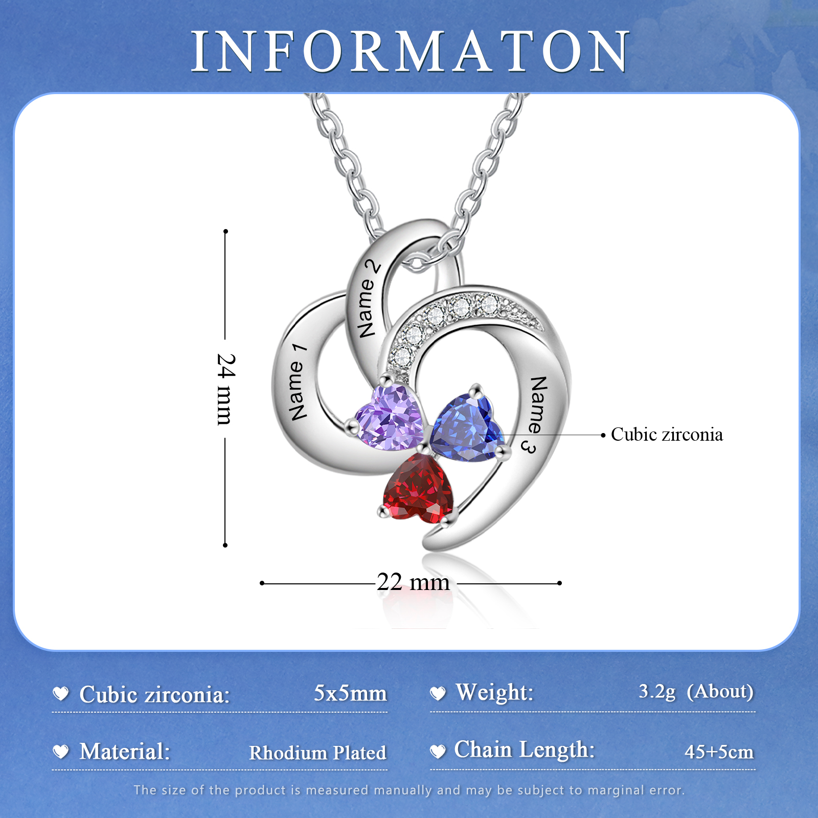 Personalized Heart Birthstone Necklace Custom 3 Names 3 Stones Mother Necklace Gift for Her