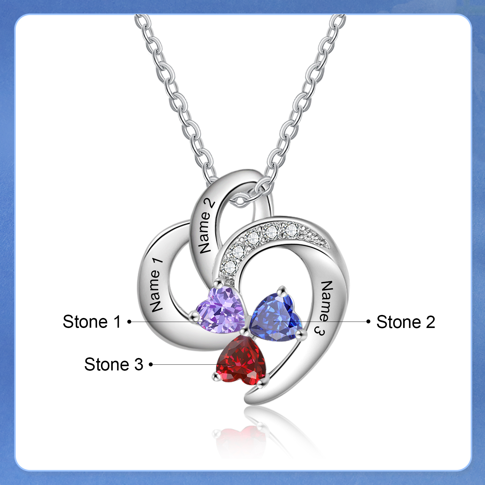 Personalized Heart Birthstone Necklace Custom 3 Names 3 Stones Mother Necklace Gift for Her
