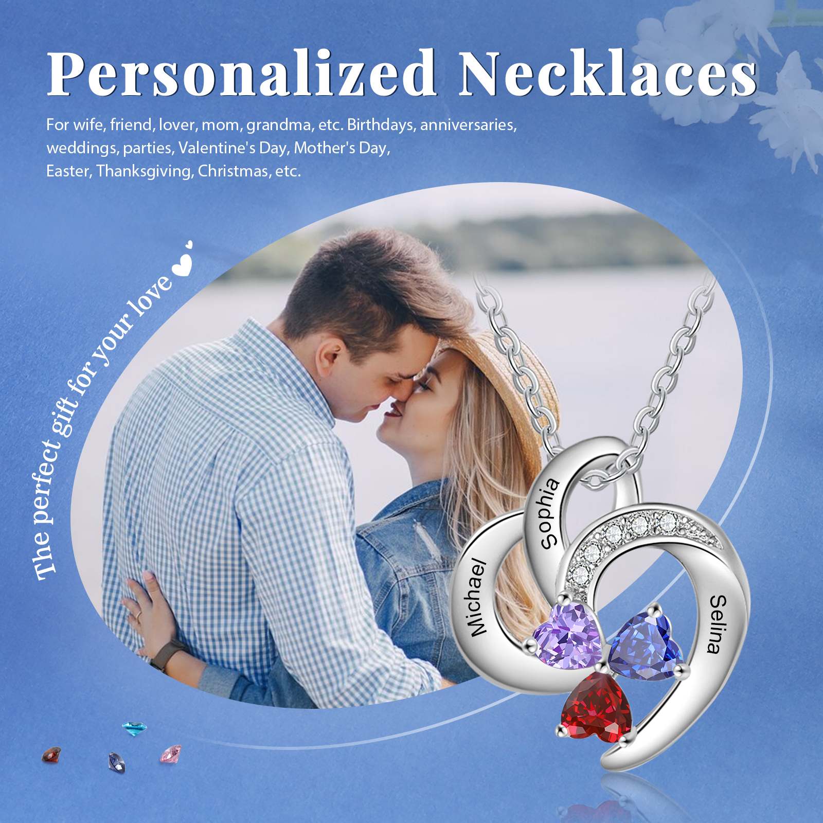 Personalized Heart Birthstone Necklace Custom 3 Names 3 Stones Mother Necklace Gift for Her