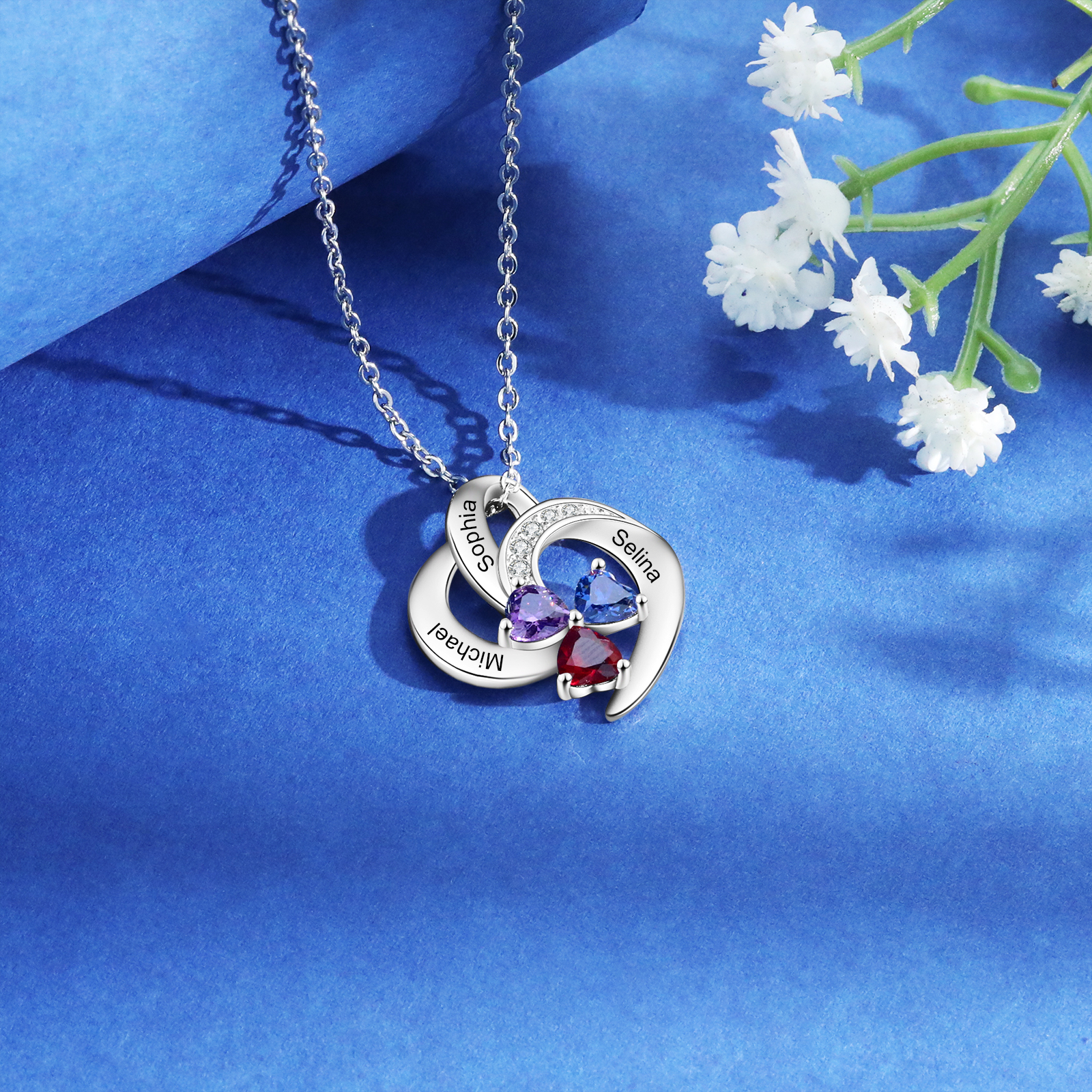 Personalized Heart Birthstone Necklace Custom 3 Names 3 Stones Mother Necklace Gift for Her