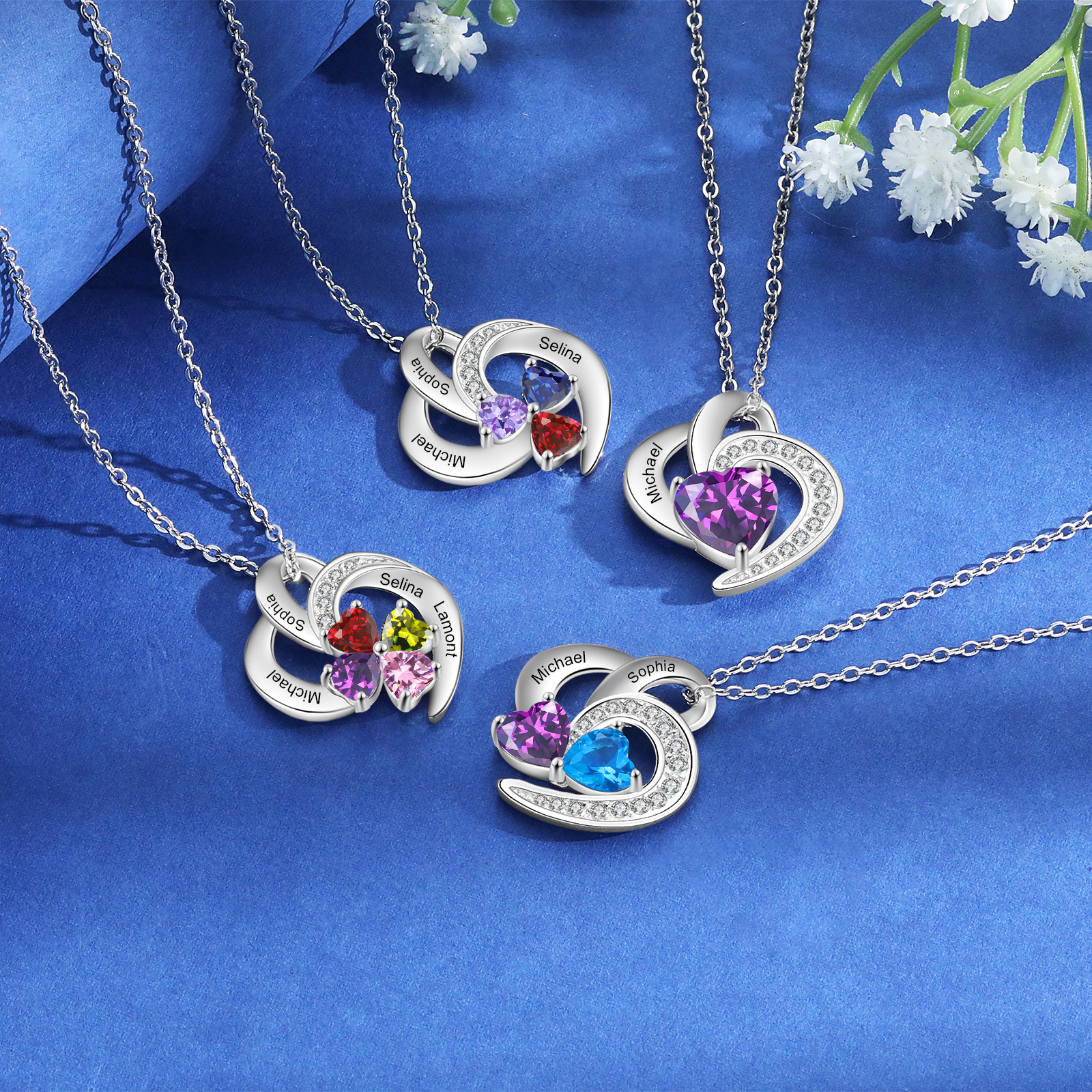 Personalized Heart Birthstone Necklace Custom 3 Names 3 Stones Mother Necklace Gift for Her