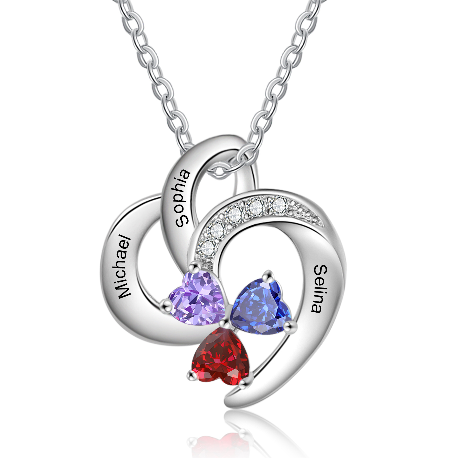 Personalized Heart Birthstone Necklace Custom 3 Names 3 Stones Mother Necklace Gift for Her