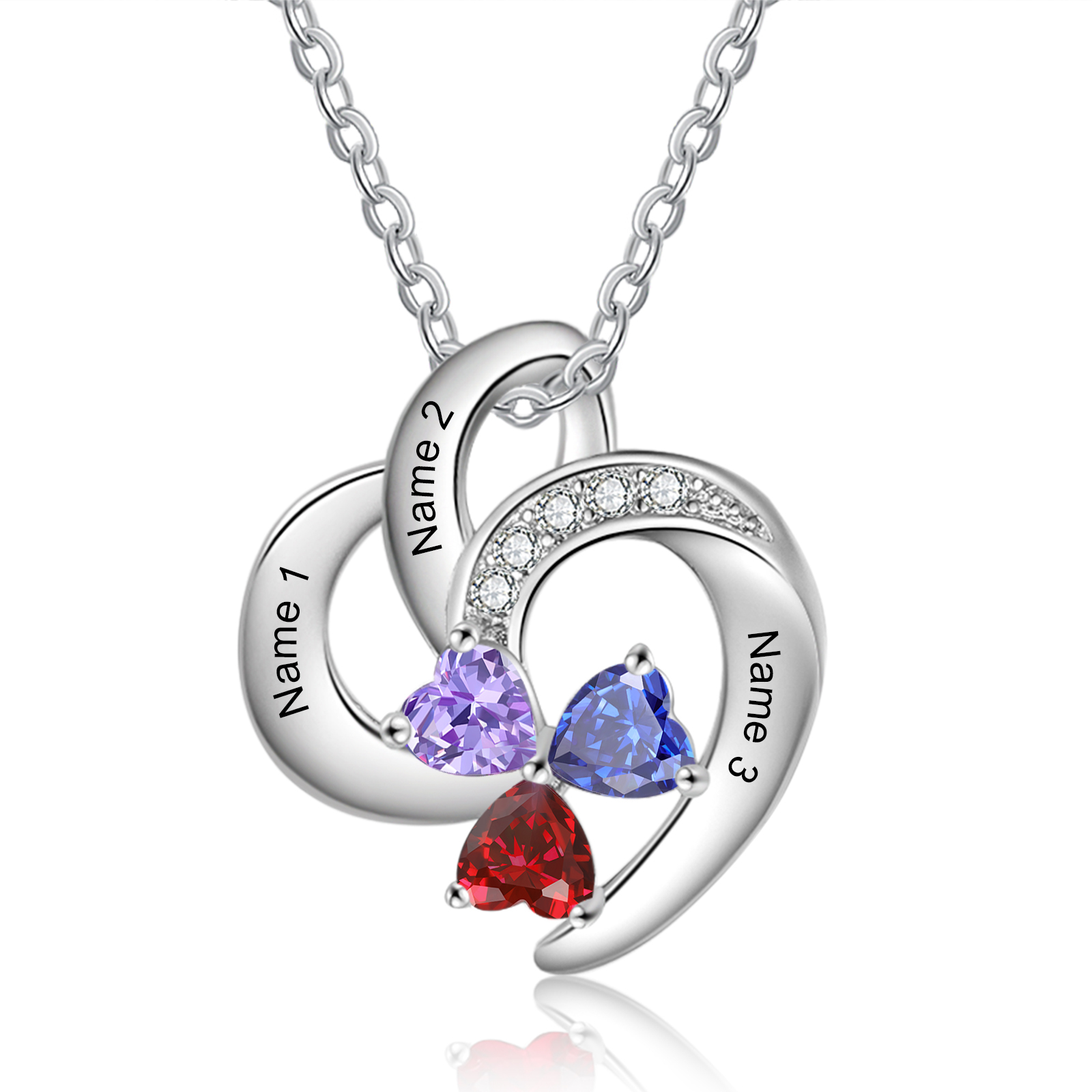 Personalized Heart Birthstone Necklace Custom 3 Names 3 Stones Mother Necklace Gift for Her