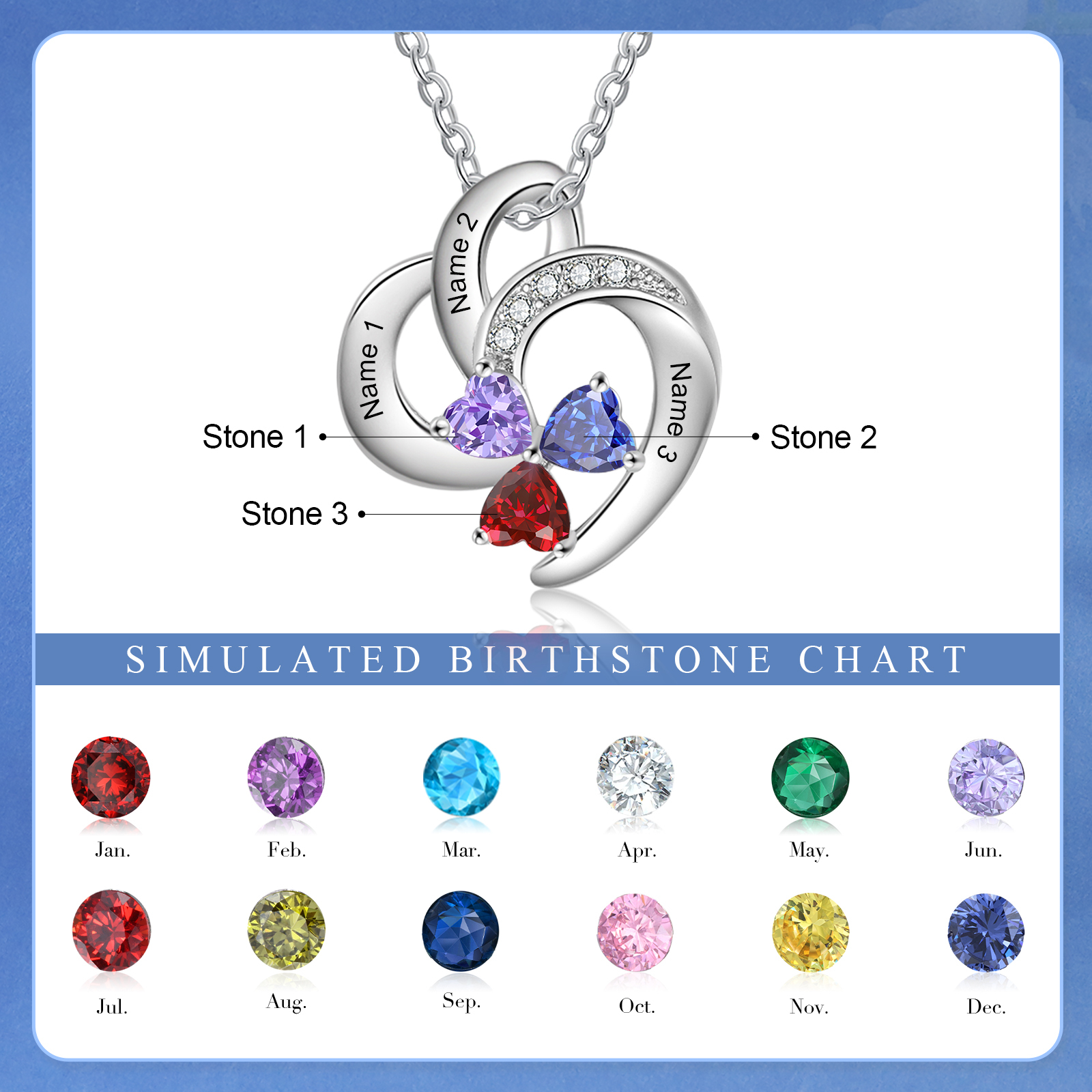 Personalized Heart Birthstone Necklace Custom 3 Names 3 Stones Mother Necklace Gift for Her