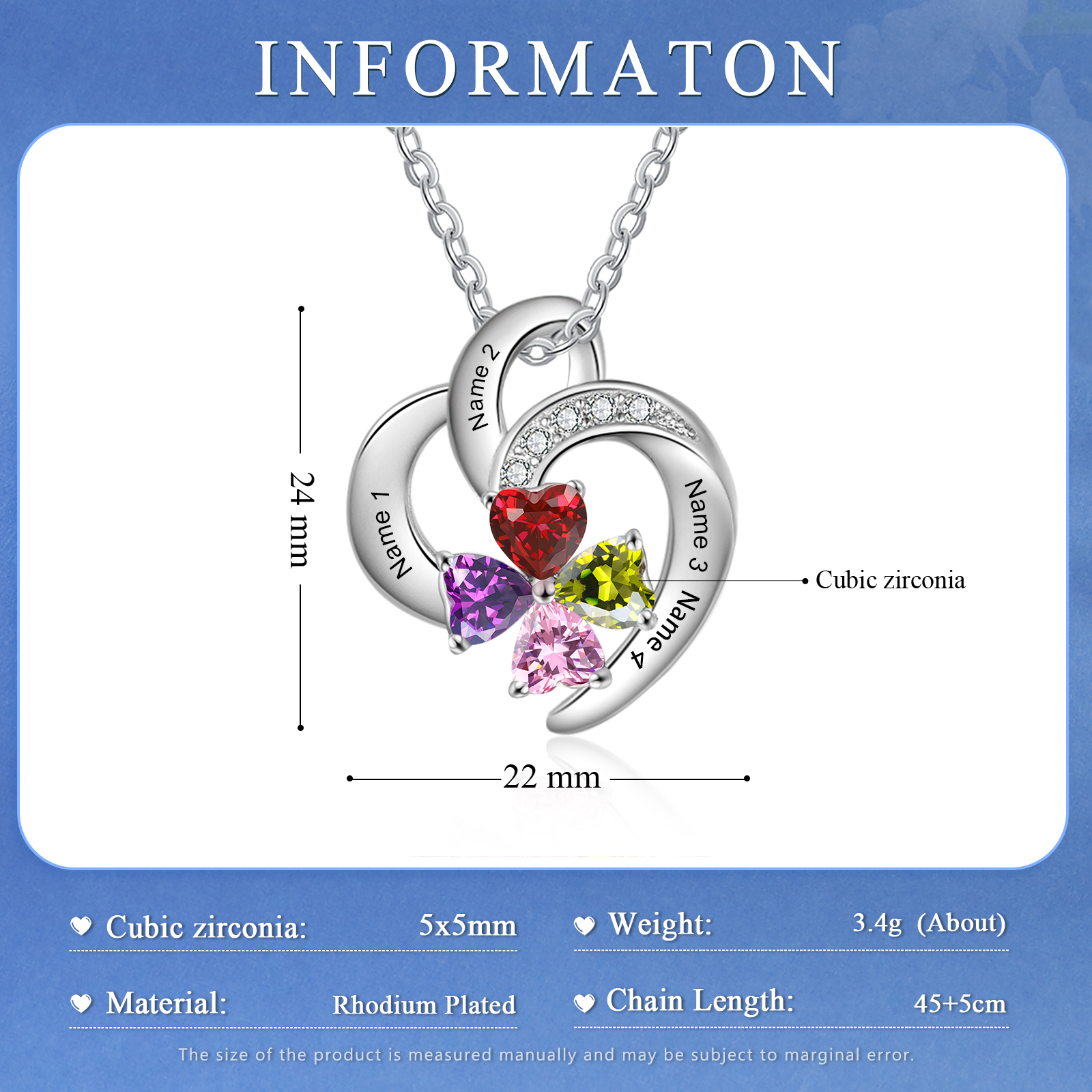 Personalized Heart Birthstone Necklace Custom 4 Names 4 Stones Mother Necklace Gift for Her