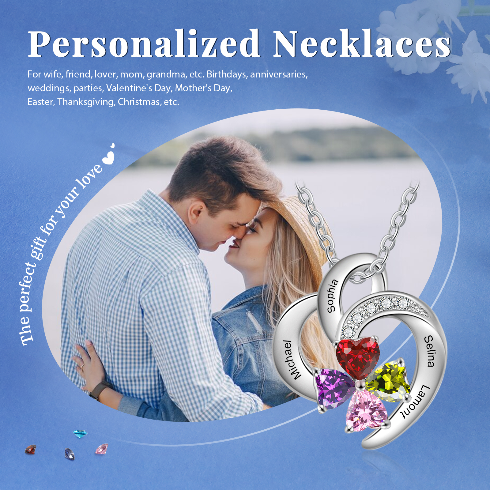 Personalized Heart Birthstone Necklace Custom 4 Names 4 Stones Mother Necklace Gift for Her