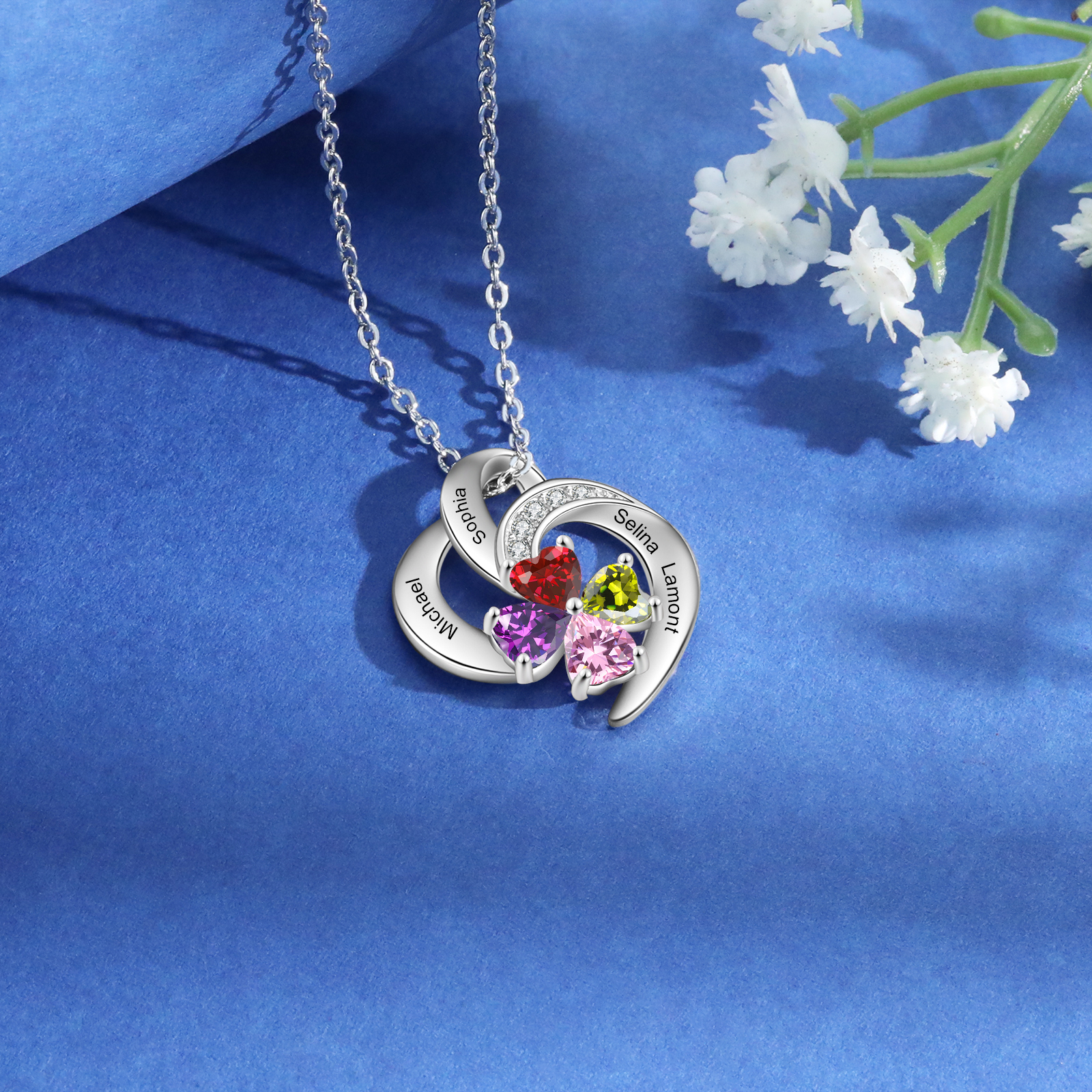 Personalized Heart Birthstone Necklace Custom 4 Names 4 Stones Mother Necklace Gift for Her