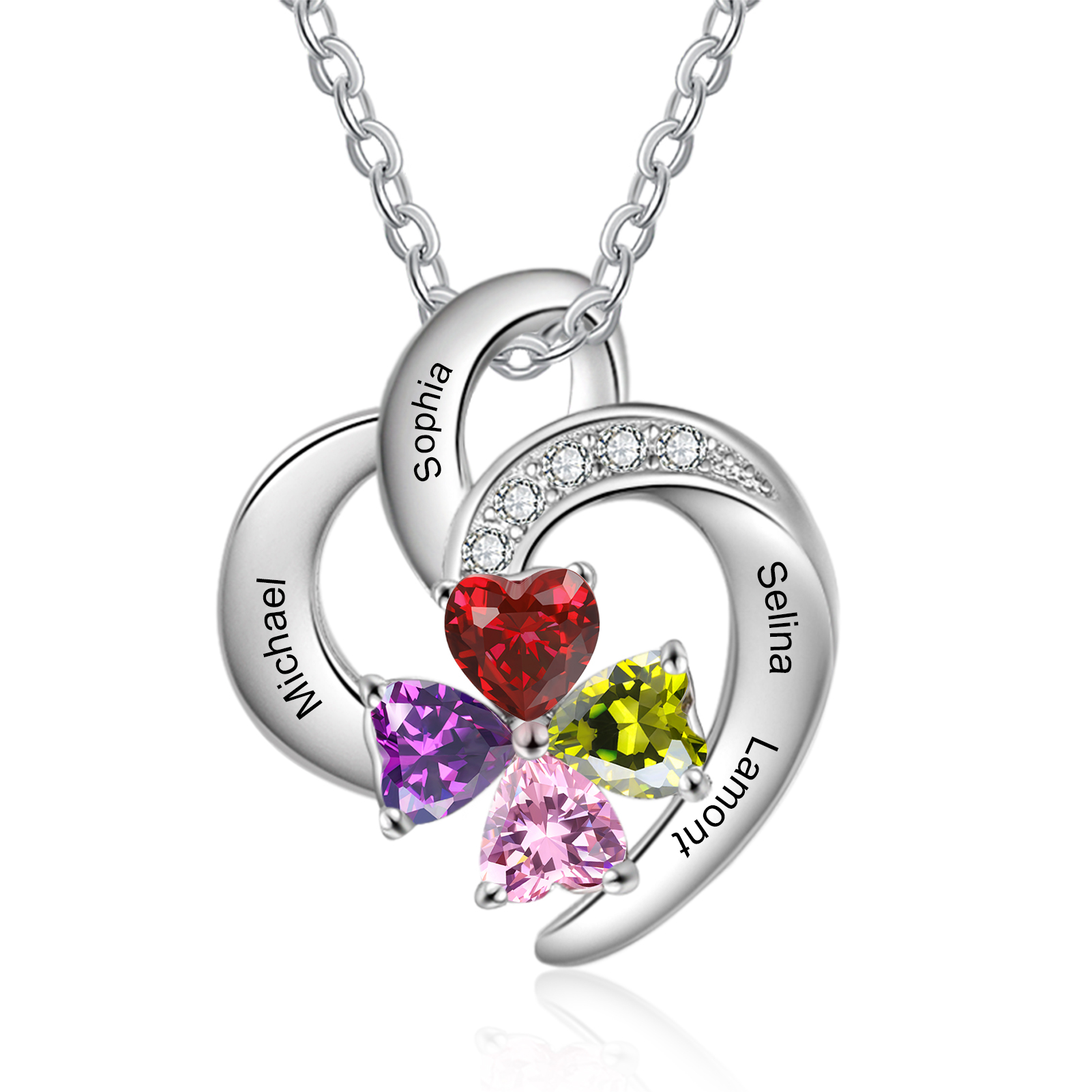 Personalized Heart Birthstone Necklace Custom 4 Names 4 Stones Mother Necklace Gift for Her