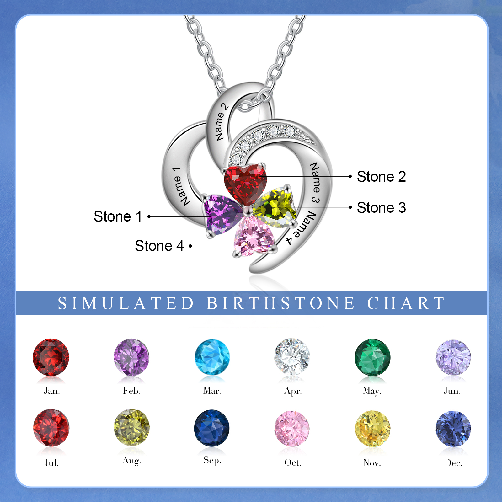 Personalized Heart Birthstone Necklace Custom 4 Names 4 Stones Mother Necklace Gift for Her