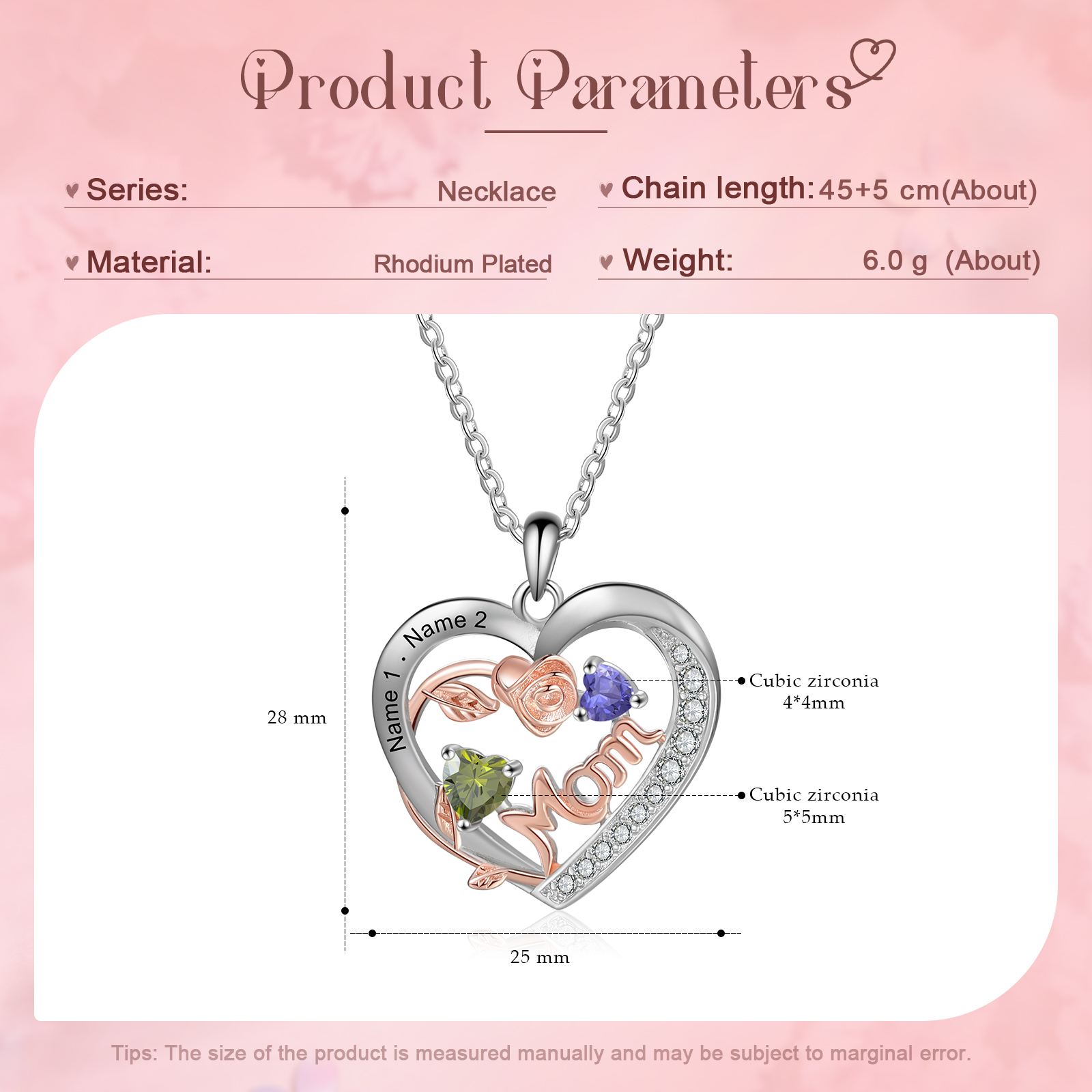Custom 2 Names Mom Personalized Heart Birthstone Necklace Mother Necklace Gift for Her
