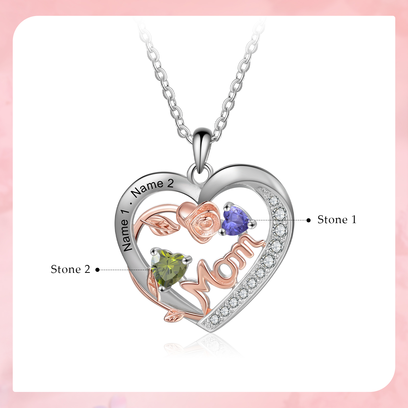 Custom 2 Names Mom Personalized Heart Birthstone Necklace Mother Necklace Gift for Her