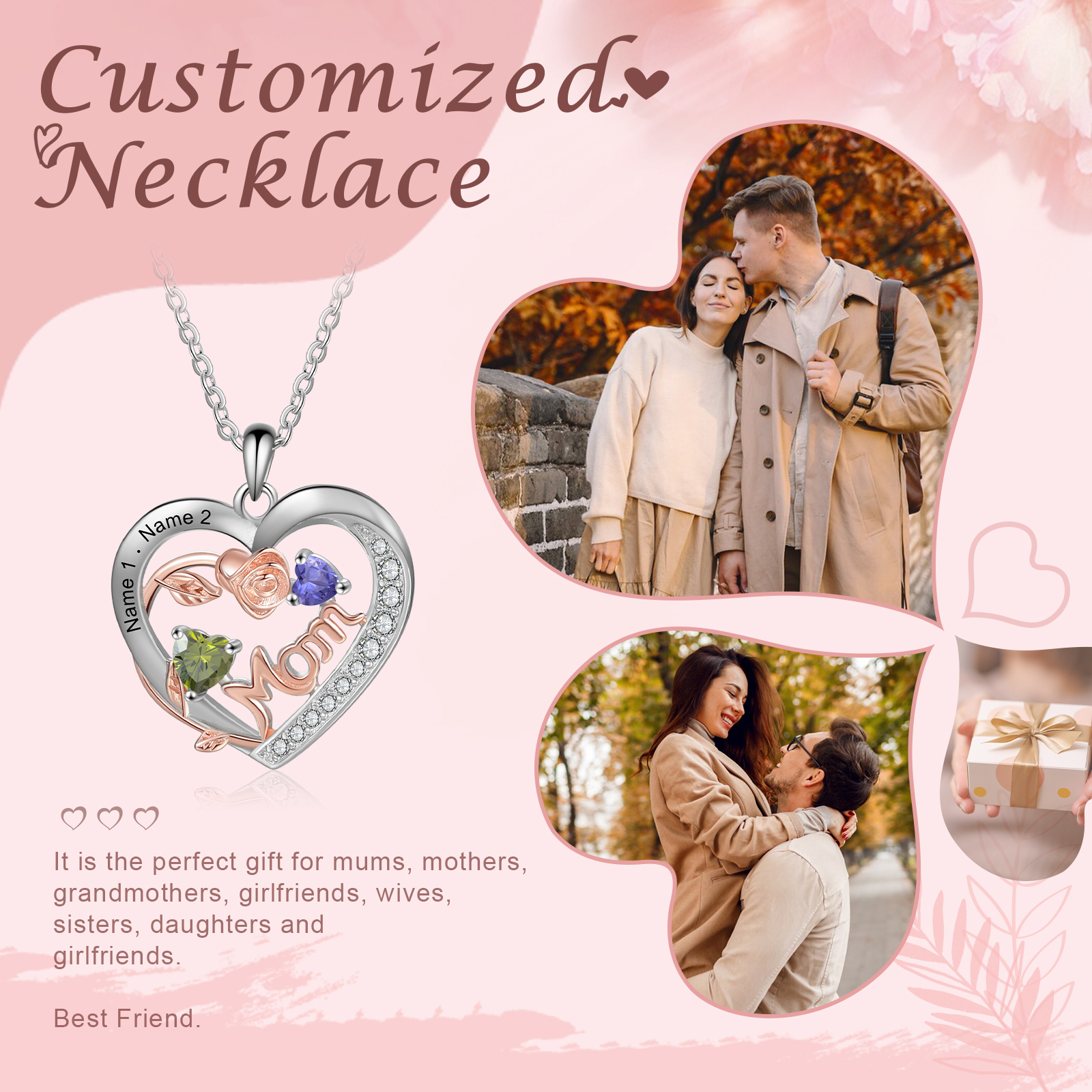 Custom 2 Names Mom Personalized Heart Birthstone Necklace Mother Necklace Gift for Her