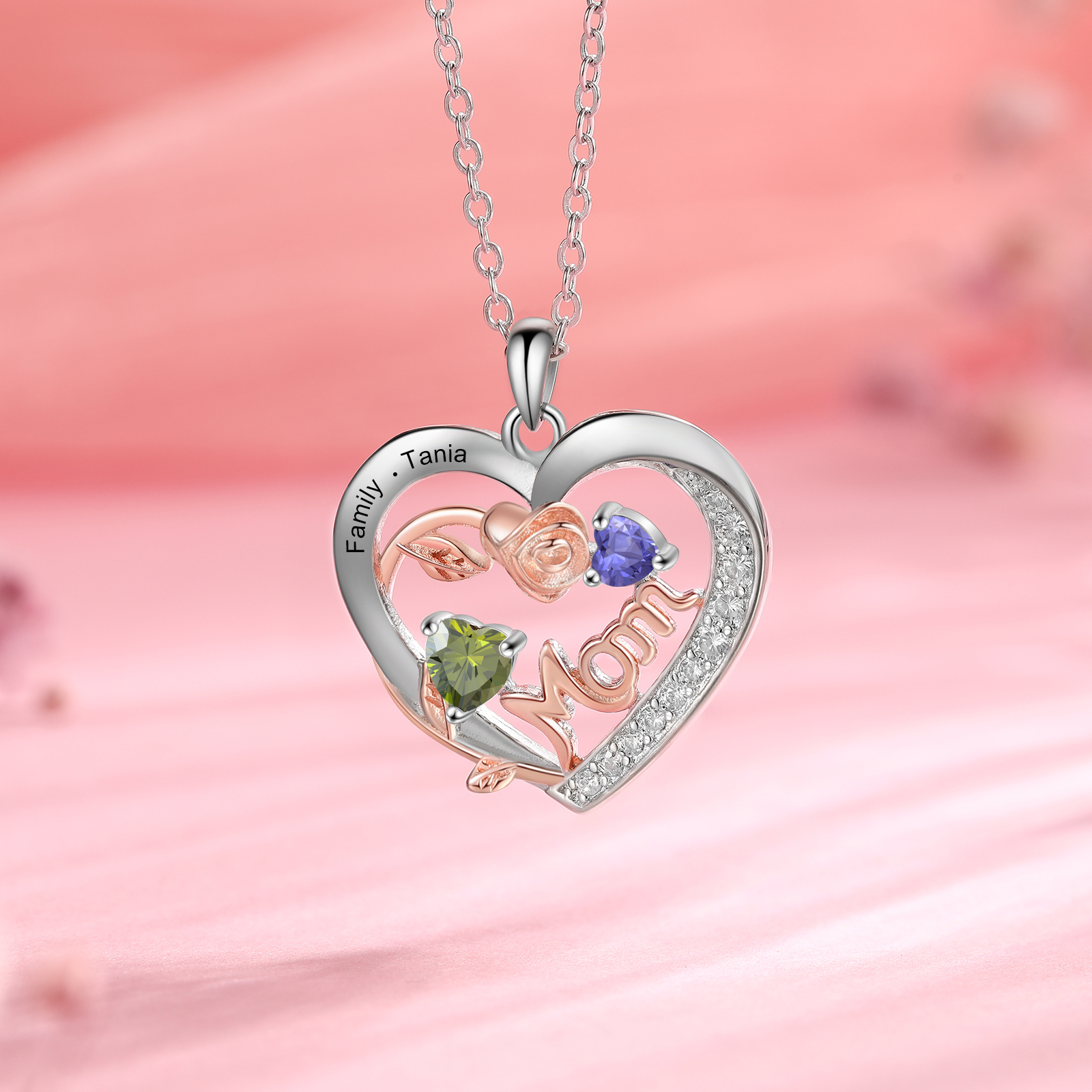 Custom 2 Names Mom Personalized Heart Birthstone Necklace Mother Necklace Gift for Her