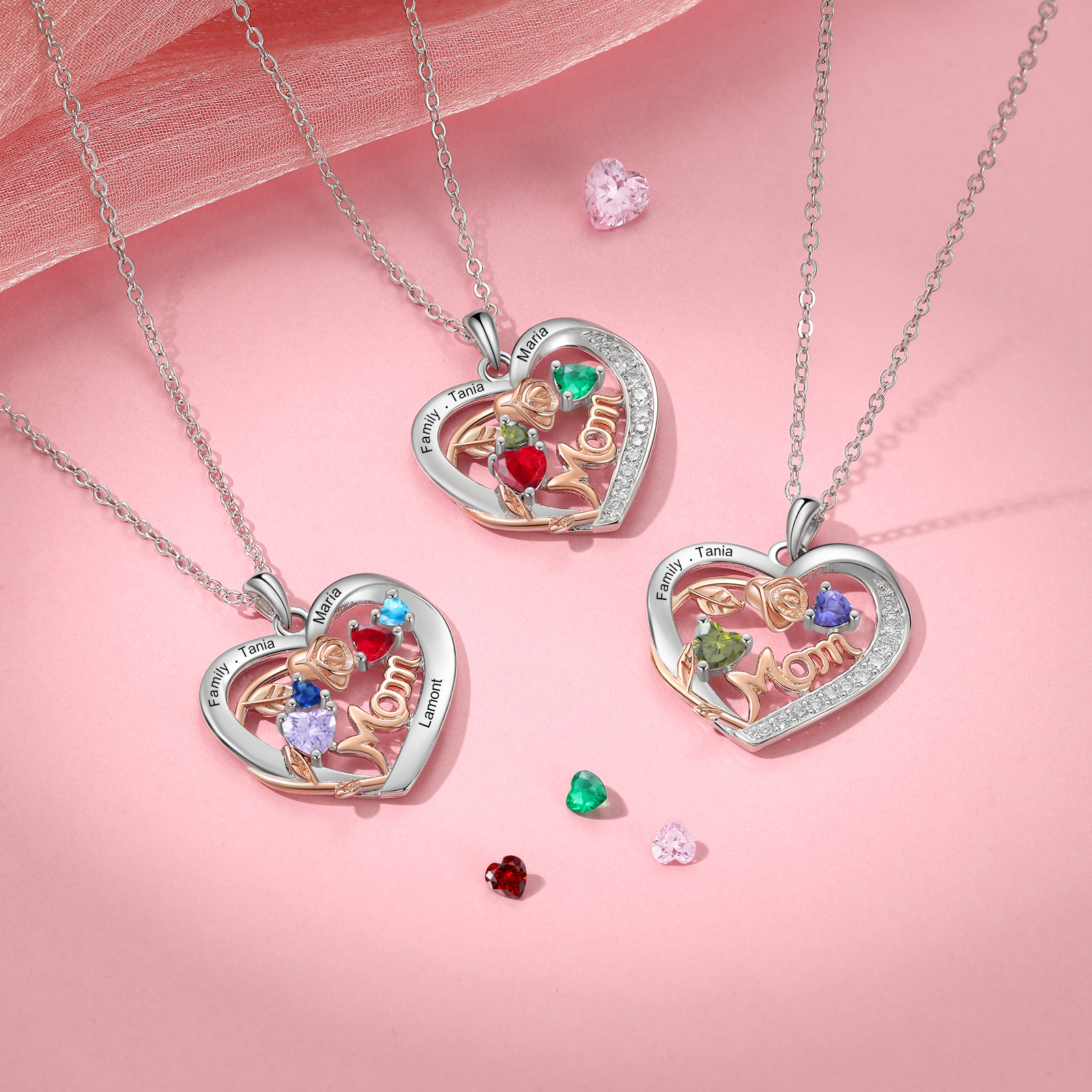 Custom 2 Names Mom Personalized Heart Birthstone Necklace Mother Necklace Gift for Her